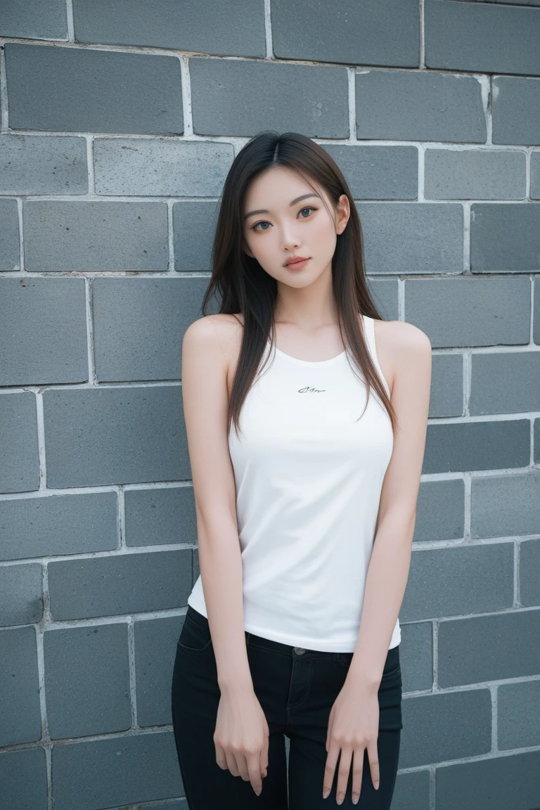 1girl, russian model women, long hair, plumpy body, perfect body, tall body, slim waist, abnominal muscle, (large breast:1.3), flirting pose, outdoor, street background, standing in front of mazda mx-5, tanktop, short skirt, black hair, black hair, eye reflection, makeup, sleepy, bored, Fujicolor, masterpiece, ccurate, anatomically correct, textured skin, super detail, 4K