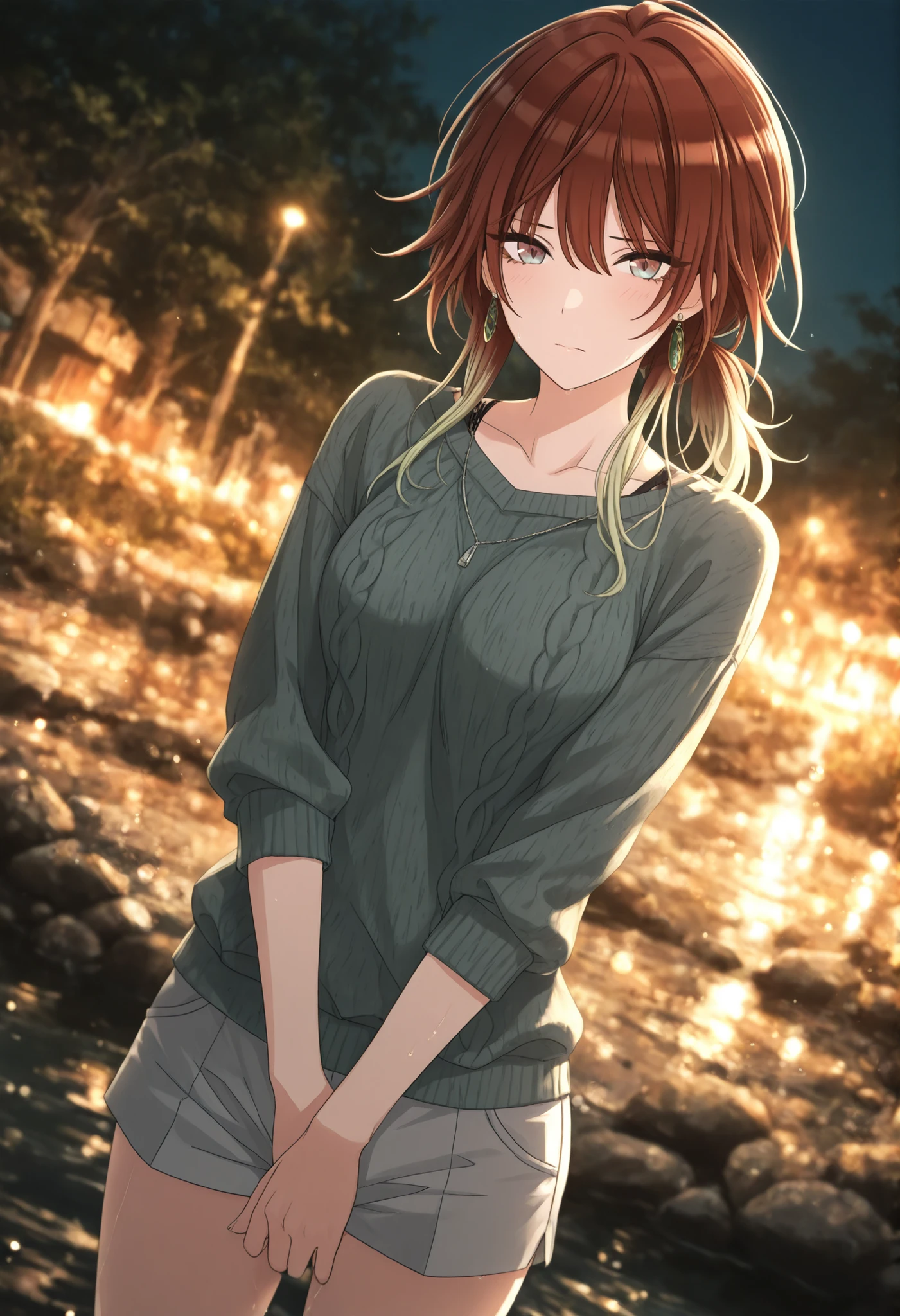 masterpiece,best quality, good quality, ,,outdoors, dark,((cinematic light)), shanimas, source_anime, aketa mikoto ,solo ,brown hair ,medium hair ,blonde hair ,multicolored hair ,brown eyes ,green blue eyes ,multicolored eyes ,tsurime, ponytail, 1girl, ,looking at viewer, , ,green earrings, ,(gray knit, gray shorts), small breasts, (slim arms), ,from , , (on dark water), aged up, ,dutch angle,(bouncing breasts),(, covering crotch),light embarrassed, ,