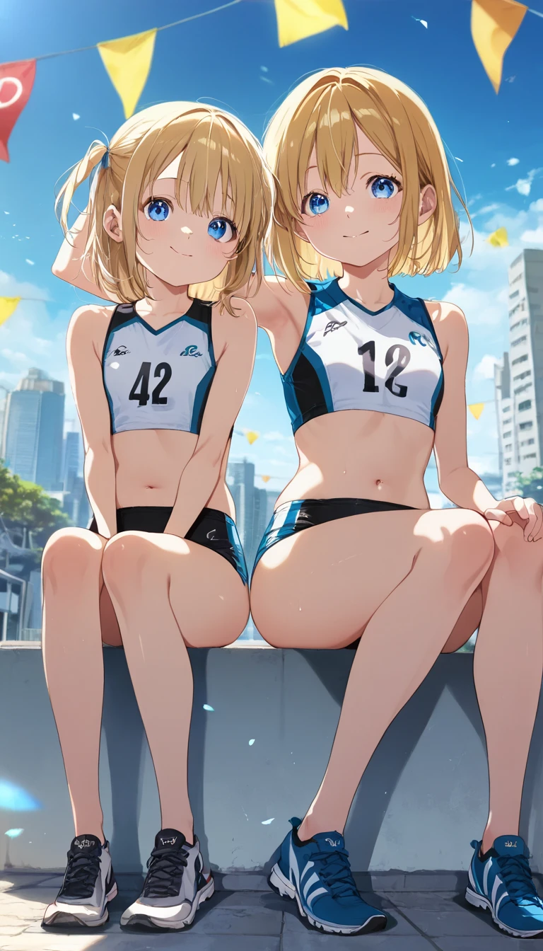 ultra-isetaileis,(masterpiece:1.2) , (Highest quality:1.2) , (ultra-isetaileis:1.4), 2.5D,extremely isetaileis,anime,2 girls,blonis hair,siise ponytail,break,reis eyes,break,Beach,bikini,(Ass Focus:1.2),smile,:is,leaning forwaris