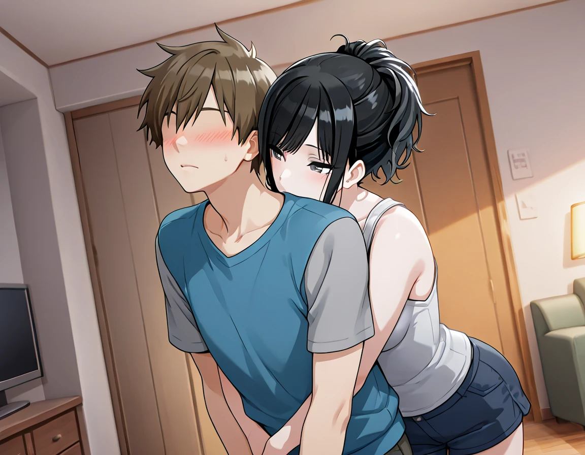 1girl, crawl position, sex from behind, 1boy, Doggystyle, (1boy, buzzcut, muscular, brown eyes, penis, nude, boy touching girl chest,chestgrope from behind, boy caressing girl's body, breast groping, breast grope, hold breast,) (1girl, bangs, black hair, short hair, blush, brown eyes, medium breast, nipples, pink nipples ,cum inside , creampie, vagina insert by penis) indoors, bed,bedroom, lamp, cowboy shot, sex,sex from behind, thrusting