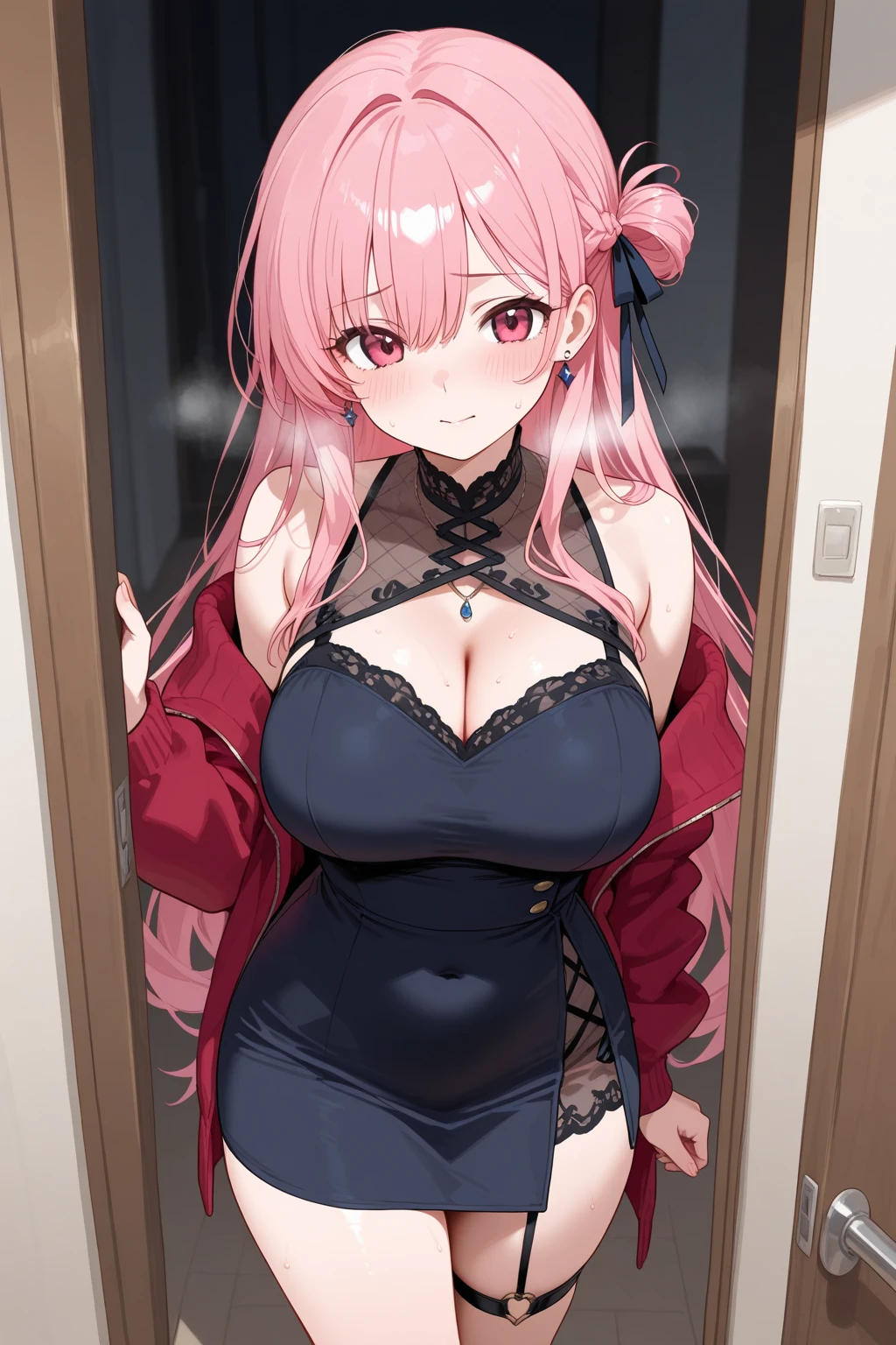 The image is of a beautiful woman wearing a tight fitting black button-up shirt with a short black skirt. The outfit is black with white accents. The woman has long flowing pink hair with strands of braided hair tied with red ribbon throughout. She has gorgeous green eyes that shine like emeralds. Her face is youthful and gorgeous. Her breasts are ample and seem too large for her tight fitting black uniform top. She is short in height but well developed -a short stack. She blushes as you look at her. She's standing in the doorframe to your bedroom. Slightly embarrassed and nervous but also excited to be with you. The image is ultra detailed with gorgeous colors, perfect line work, and detailed shading.