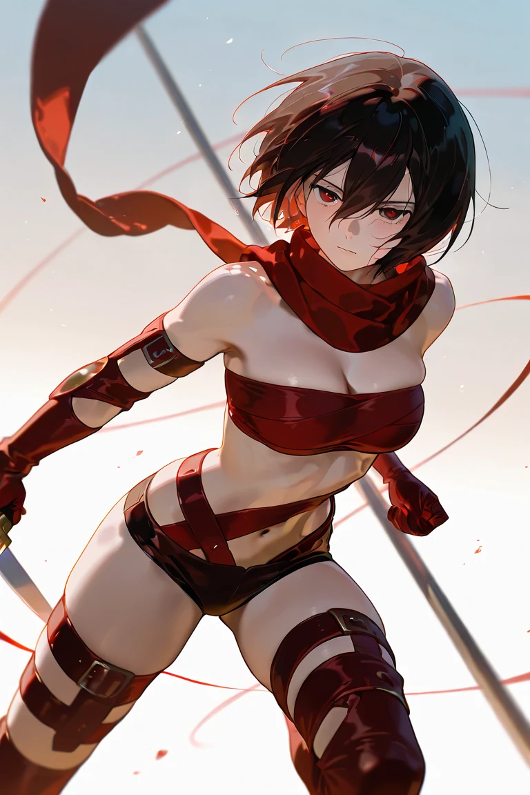 Master Parts, Best Quality, Haute, hmmikasa, Short hair, Black eyes, ((red bra nd panties, Underwear)), Scarf, red scarf, attack on titan, nude skin