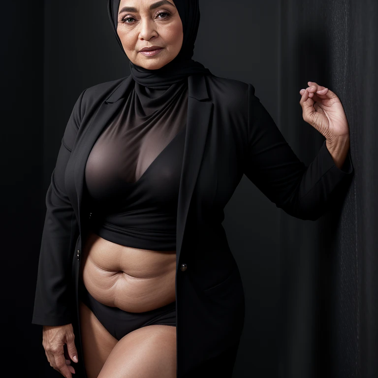 52 years Old, Hijab Indonesian mature woman, Large Tits : 96.9, Tight Gamis, sport bra, Slim body, Breast about To burst out, at Studio Photo, Dark light, at NightTime