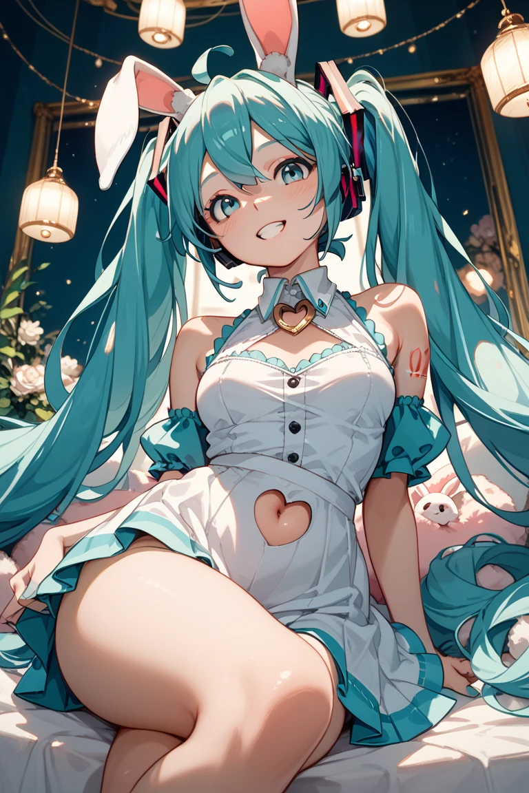 masterpiece、Best image quality、Ultra-high resolution、miku hatsune、Blue Hair、Twin tails、Blushing、Cute and shy、Bunny Girl Costume、Chest wearing rabbit ears headgear、Shapely breasts、Women&#39;s Tights、night