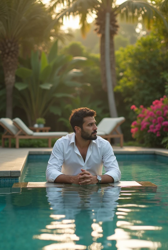 sacha dhawan a man <lora:pavail-gulati_Sacha-Dhawan:1>, infinity swimming pool looking at sunset over the ocean, (full shot), solo, ((masterpiece)), ((best quality:1.2)), high resolution, 8k, (ultra_realistic:1.3), (photorealistic:1.4), (absurdres), sharp focus, highly detailed, professional lighting, photography, hdr, depth of field, film grain, 35mm, dslr shot, global illumination,