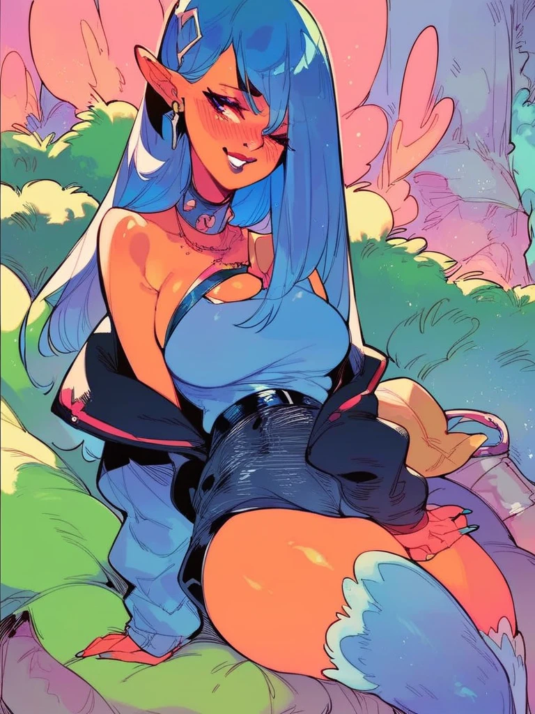 (best quality, highres, masterpiece:1.2), sexytoon, (futuristic fantasy world, demon:1), (adult woman, 1girl, solo, heavy_breathing:1.1), (charismatic doctor, wearing lab coat:1), nude, (blue_hair, long_hair, wavy_hair:1), (curvy body:1), (on top of idyllic village:1.1), nsfwEM,
