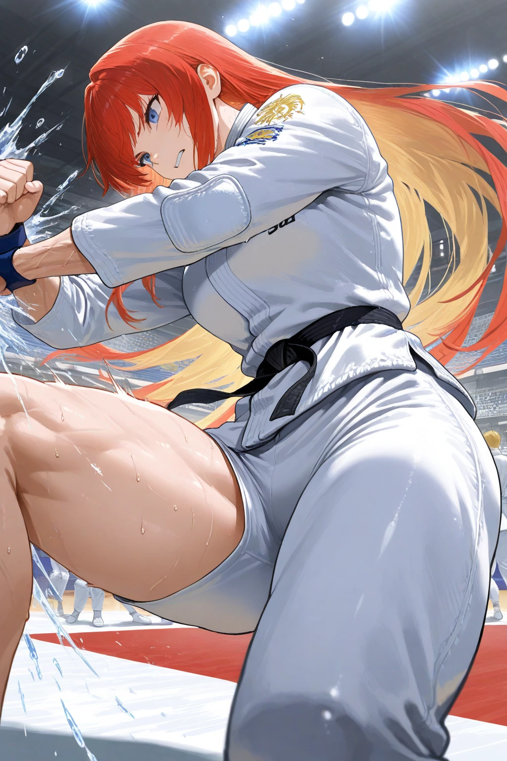 ((Highest quality、masterpiece、anime style、best quality、high resolution、8k、detailed、ultra-detailed:1.3))、Long legs、Sharp focus:1.2, Beautiful woman with perfect figure:1.4、(Smiling:1.2), double eyelid、30-year-old female、Sexy pose、((((Close your mouth、One Woman、white karate uniform:1.5)))),The background is a different world、A woman fights a dragon、movement,dynamism,high kick,movement