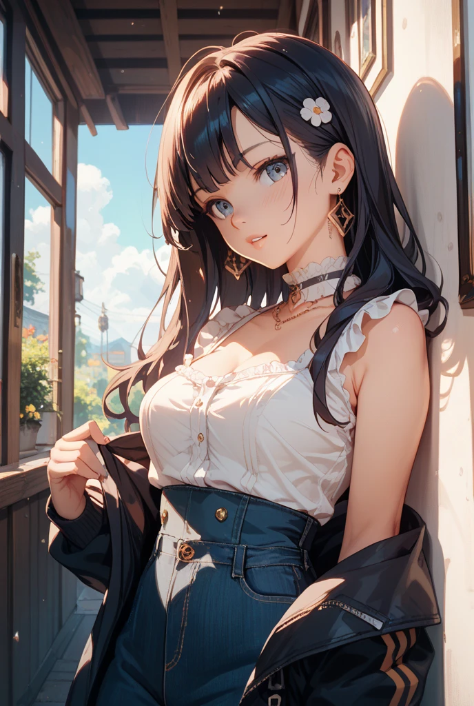 work of art, highest quallity, high resolution, red blouse , sensual cleavage, blue colored eyes, Light Blue and Straight Hair, ass facing the viewer, lingerie panties, sexy panties, low waist panties, from above view, 1990s \(styled\),、(breasts big)、sweating all over the body、vapour、、cover of a magazine Handwork pose