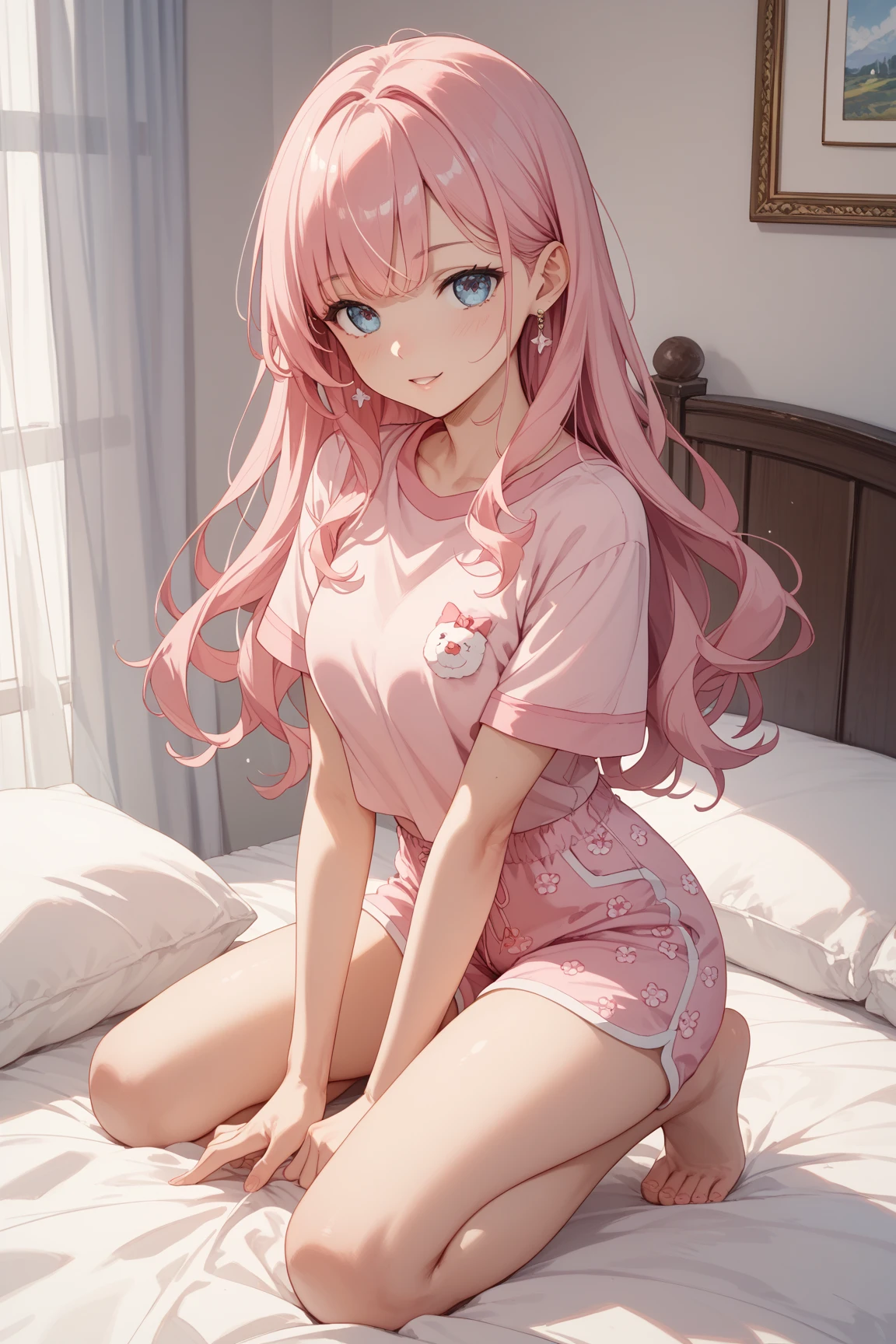 anime girl laying on her stomach on bed with pink hair and bunny ears, window open, facing the viewer, (1girl), red eyes, white shirt, pink miniskirt, medium breasts, large ass, white tights, cute anime girl, seductive anime girl, beautiful anime artwork, ultrasharp, masterpiece, high res, 8k