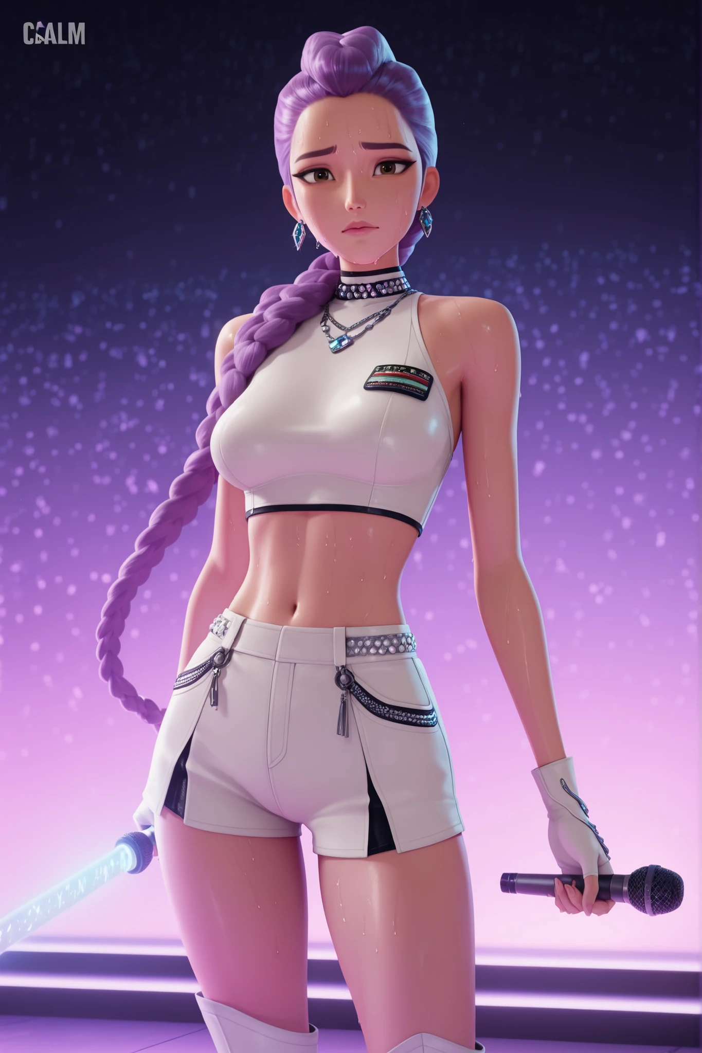 white shorts, midriff, white sleeveless crop top, jewelry, white boots, holding microphone, white fingerless gloves, holding weapon, energy sword,,Rum1KP0P, long hair, purple hair, braided hair, brown eyes, tall, 3d, 1girl, solo,looking at viewer, calm expression, mature female, mature female, mature female, solo, female focus, head uncropped, almost realistic, almost realistic, almost realistic, female focus, looking at viewer, calm face, ((profusely sweating)), 1 female, high detailed, best quality, C Cup Breasts, nice C Cup Breasts, ((perfect C Cup breasts)), flat stomach, navel, ultra detailed, young lady, 24 years old, highres, best quality, on a k-pop stage, thin waist, hourglass figure, sexy figure, masterpiece, most aesthetic, surface shading, cinematic lighting, beautiful details, perfect details, accurate, (((anatomically correct))), 5 fingers per hand, (((maximum resolution))