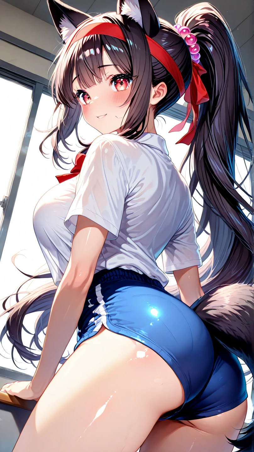 Brown hair double tail, light blue headband, white shirt, red one-piece mini skirt, black stockings, red shoes, outdoor activities