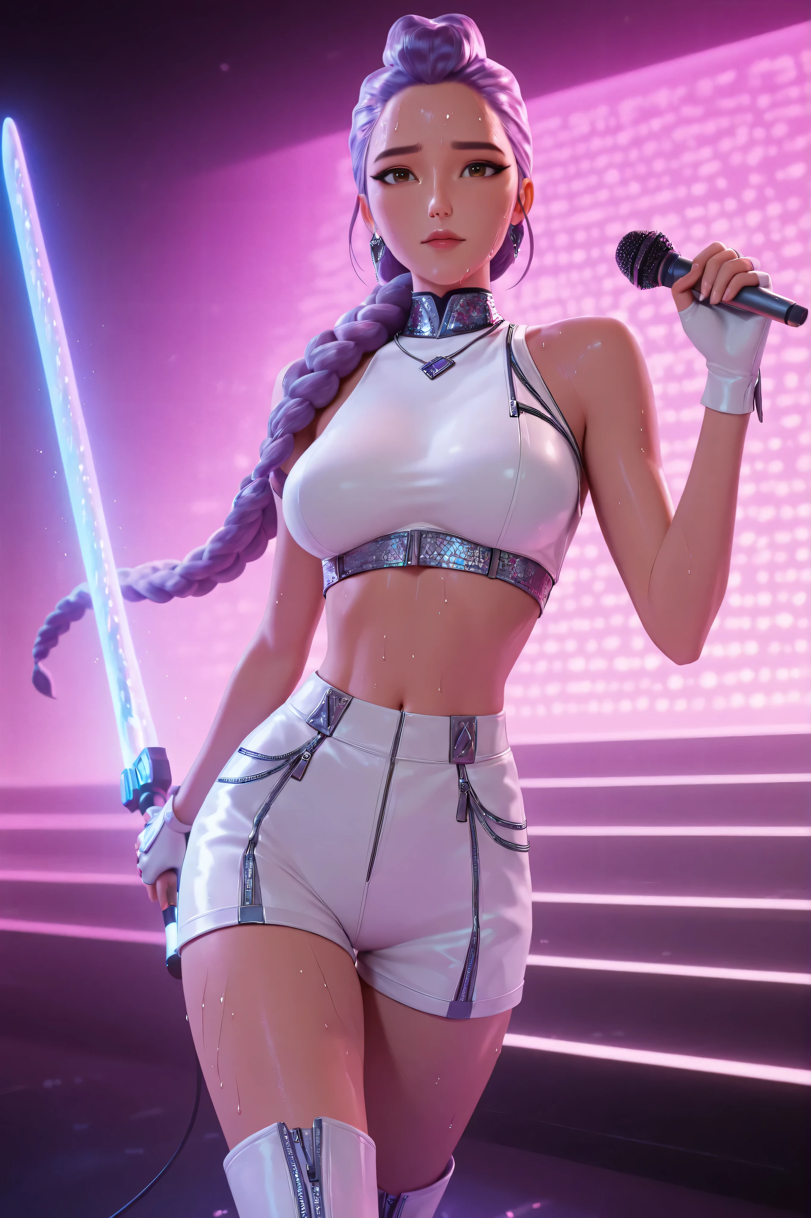 white shorts, midriff, white sleeveless crop top, jewelry, white boots, holding microphone, white fingerless gloves, holding weapon, energy sword,,Rum1KP0P, long hair, purple hair, braided hair, brown eyes, tall, 3d, 1girl, solo,looking at viewer, calm expression, mature female, mature female, mature female, solo, female focus, head uncropped, almost realistic, almost realistic, almost realistic, female focus, looking at viewer, calm face, ((profusely sweating)), 1 female, high detailed, best quality, C Cup Breasts, nice C Cup Breasts, ((perfect C Cup breasts)), flat stomach, navel, ultra detailed, young lady, 24 years old, highres, best quality, on a k-pop stage, thin waist, hourglass figure, sexy figure, masterpiece, most aesthetic, surface shading, cinematic lighting, beautiful details, perfect details, accurate, (((anatomically correct))), 5 fingers per hand, (((maximum resolution))