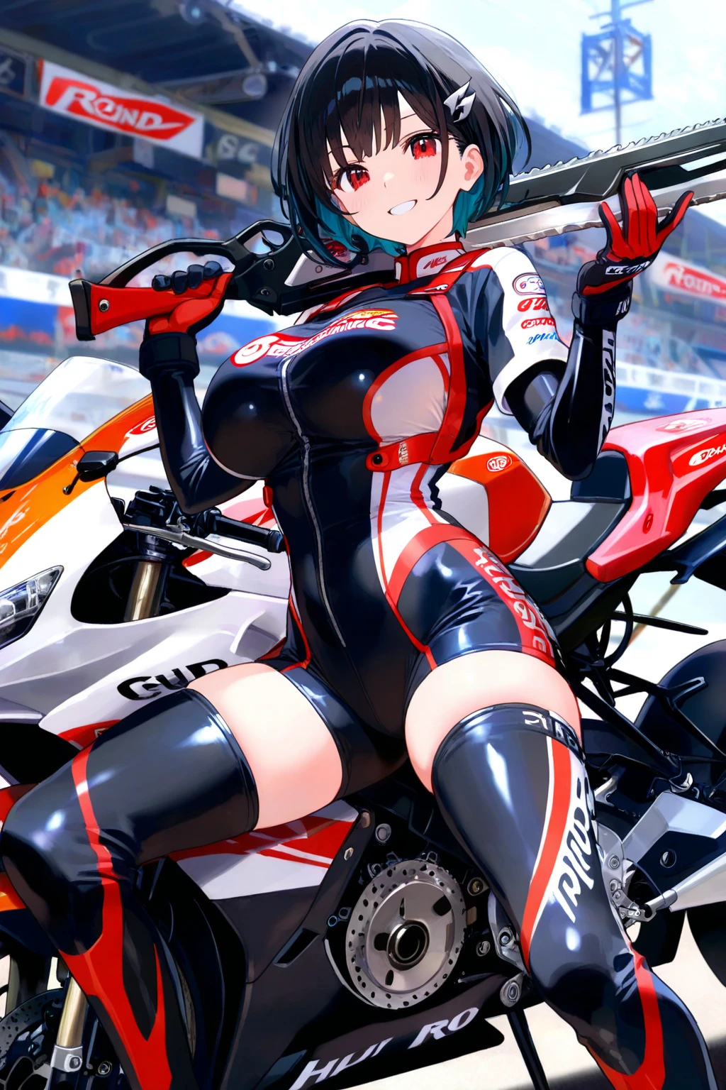 cartoon, masterpiece, best quality, high quality, absurdres, illustration, film grain, chromatic aberration, dramatic lighting, (high resolution,masterpiece, ultra best quality, insanely amazing hyper fine extremely detailed, official:1.4)a full body  solo woman with a short hair in a full body red biker suit standing next cyberpunk motorcycle in a underground cyberpunk parking, biker suit open in middle gainax, gainax anime style, studio gainax art, studio gainax illustration, full body zenkai!, inspired by Masamune Shirow, studio gainax, by Masamune Shirow, bubblegum crisis art, bubblegum crisis style, bubblegum crisis illustration, AIC anime style, studio AIC art, studio AIC illustration,