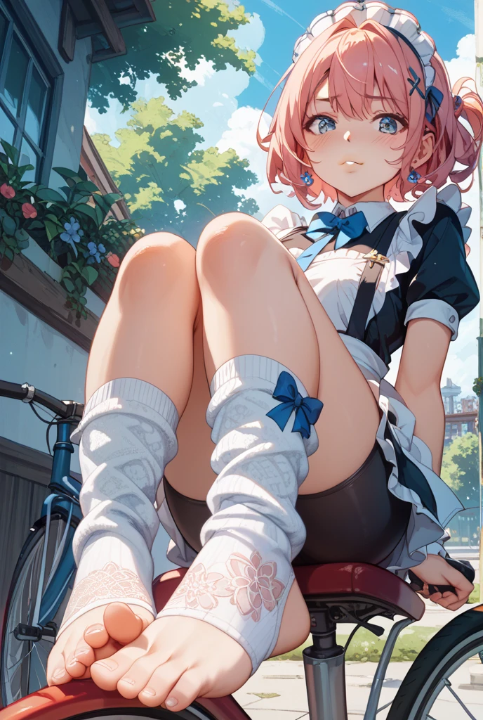 high detail, girl, school, dark skin, country girl, freckles, apron, pony tail, pink hair, black barrette, curly hair, upper arm, denim overalls, short pants, troubled eyebrows, thick thigh, calf, necklace, bracelet, anklet, (red eyes)+, , fantasy, (surprised face), open mouth, inner thigh, full-body shot, (erotic), (almost naked)