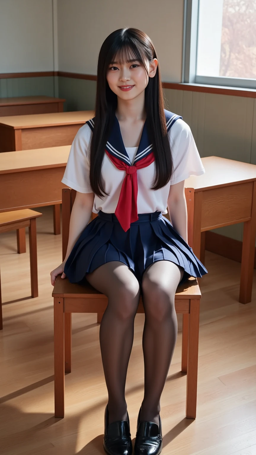 ((high quality,high resolution,High definition,8k)),School classroom,Baby Faced Girl,Long Black Hair,Red ribbon on hair,Navy blue long skirt,Japanese Sailor Suit,Blue and white slippers,White socks,Study desk learning,((((very cute)))),((What to wear(School uniform) or sexy see-through underwear or completely naked)),(((When you&#39;re naked　perfect pussy))),((Realistic schoolgirl vagina:1.2)),(Very childlike),(((Close legs or open legs exposed))),(Huge breasts:1.4),