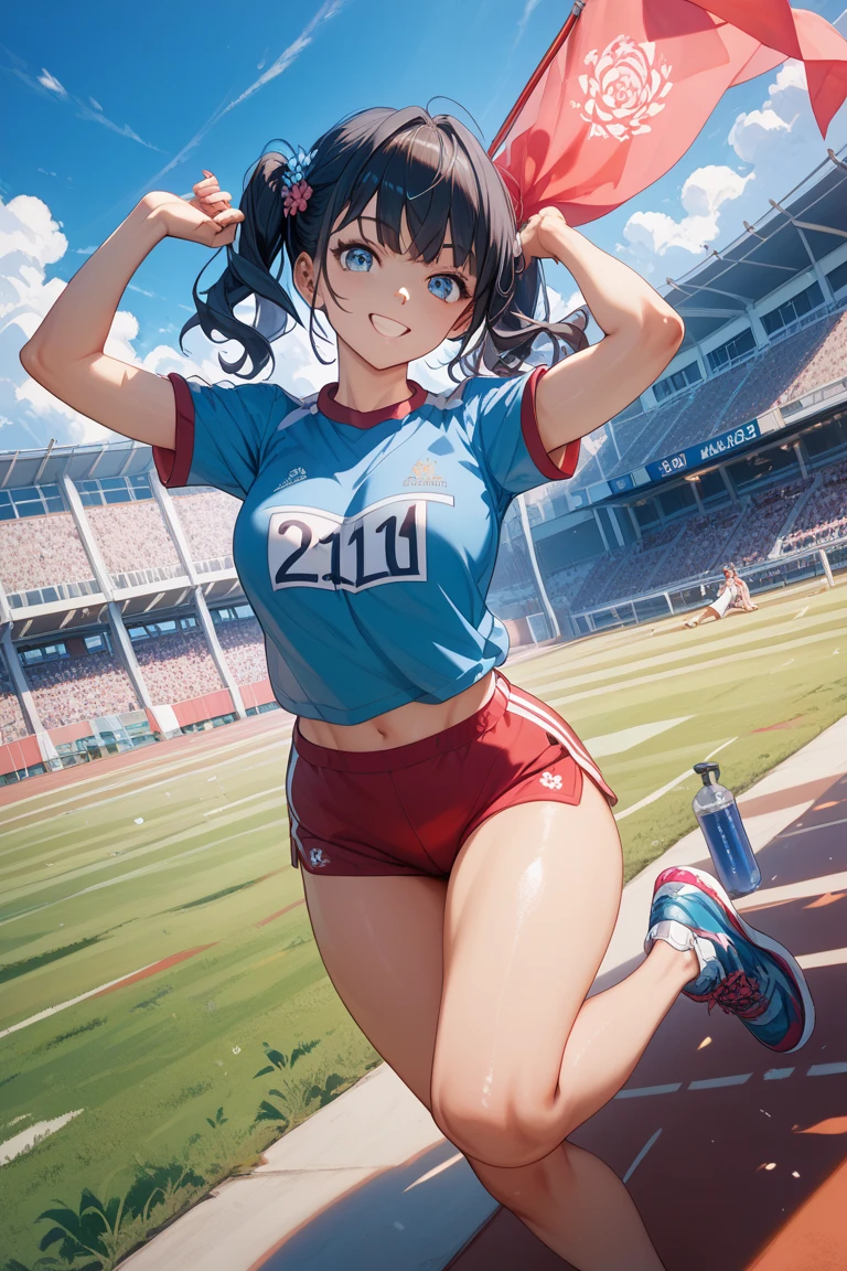 highs quality, Super-resolution, 4K, anime, 1girl, solo, running wear, Athletics, Crouching Start posing, looking at viewer, ponytail, tanned skin, dark brown hair, Athletics background, sky, breasts, cleavage, close up face, small breasts, athlete,