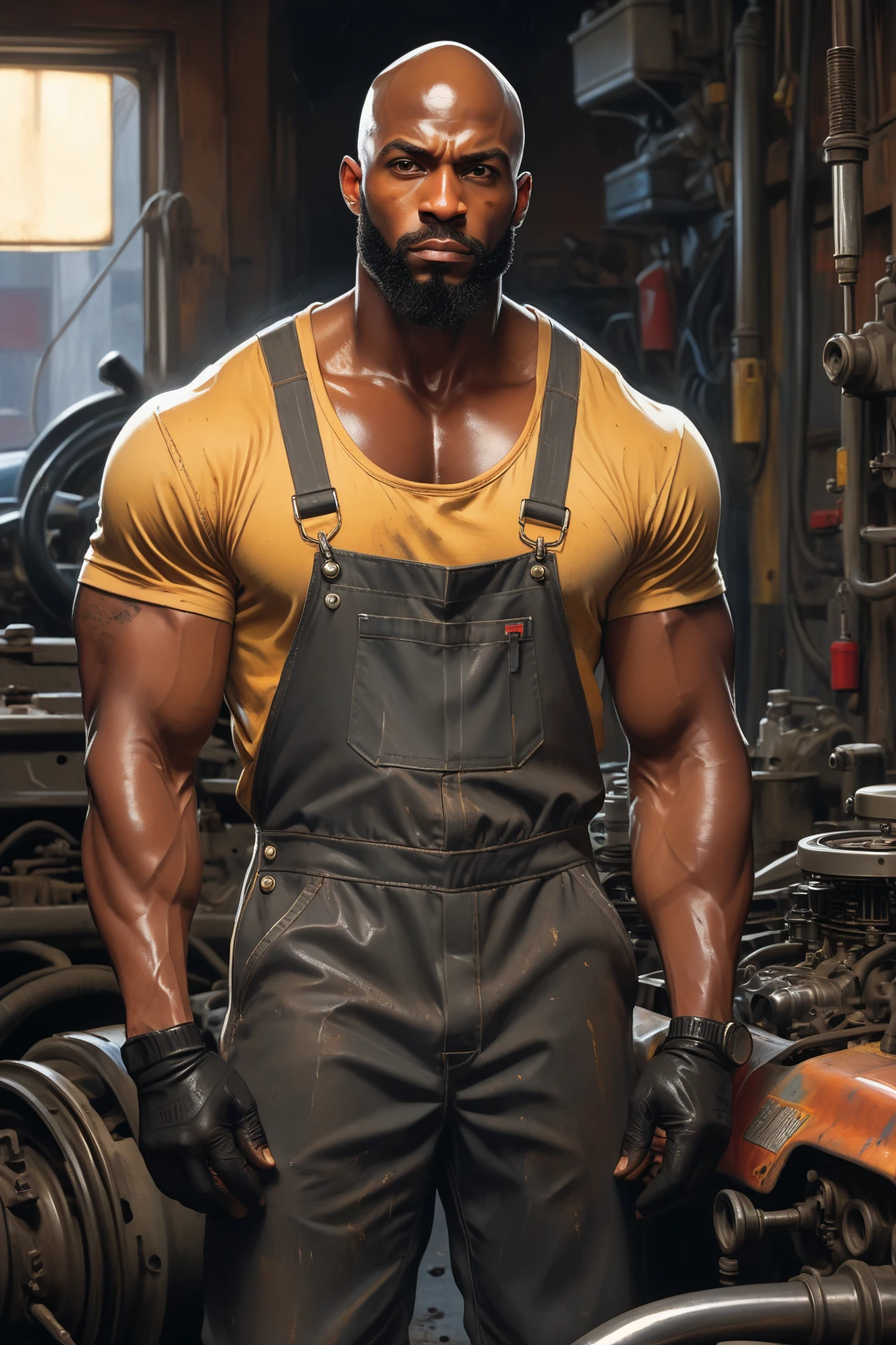 40 years old Desi mascular dark skin jaat construction man with wetty skin sweat is dripping from body huge wide muscular shoulders, wide chest, abs, masculine wide triceps, arms, biceps, big masculine legs, wide thighs, calfs, black-haired, hair falls on your face, Mesmerizing brown eyes, unbuttoned construction worker uniform, orange open tool in pocket vest with yellow gloves in hand, at construction site