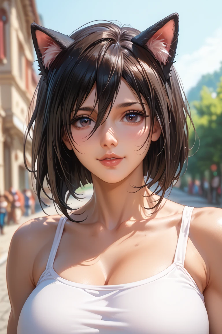 A young girl with tan skin, white eyes, short messy brown hair, wearing a black sports suit, cute, friendly, , somewhat chubby, 1 girl, detailed face, beautiful detailed eyes, beautiful detailed lips, extremely detailed eyes and face, long eyelashes, soft lighting, photorealistic, 8k, hyper-realistic, masterpiece, vibrant colors, natural lighting, warm color palette, soft focus, highly detailed