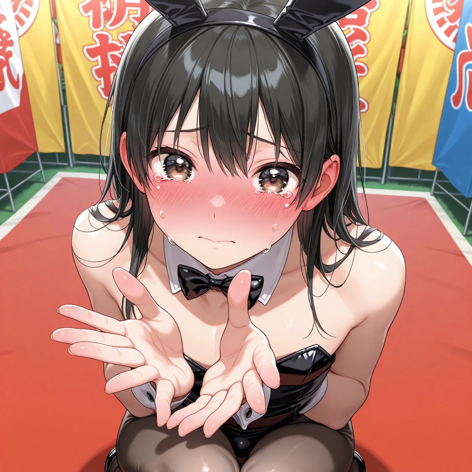 1boy,1woman,mature woman holding boy's penis,blowjob,woman,black hair,woman focus,tongue out,sweaty,bukkake on face,naughty bunny costume,at nightclub,cum,detailed skin,no bangs,sucking,suffering,(blushed),