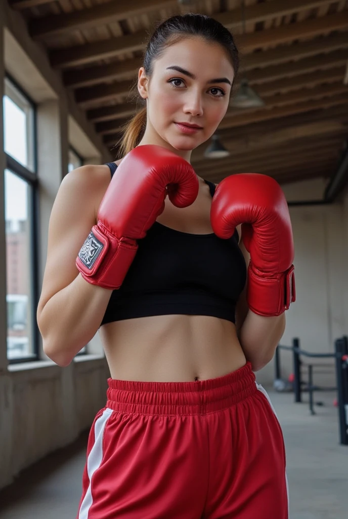((best quality)), ((detailed)),(masterpiece), ((cute perfect face, young 18 years old girl, skinny legs, skinny thighs, skinny waist:1.1)), ((red hair), green eyes, ponytail red hair), (freckles:0.9),boxing fight, French braid, joggers, sport shirt, boxing gloves, boxing trainee, sweat shirt, sweat face