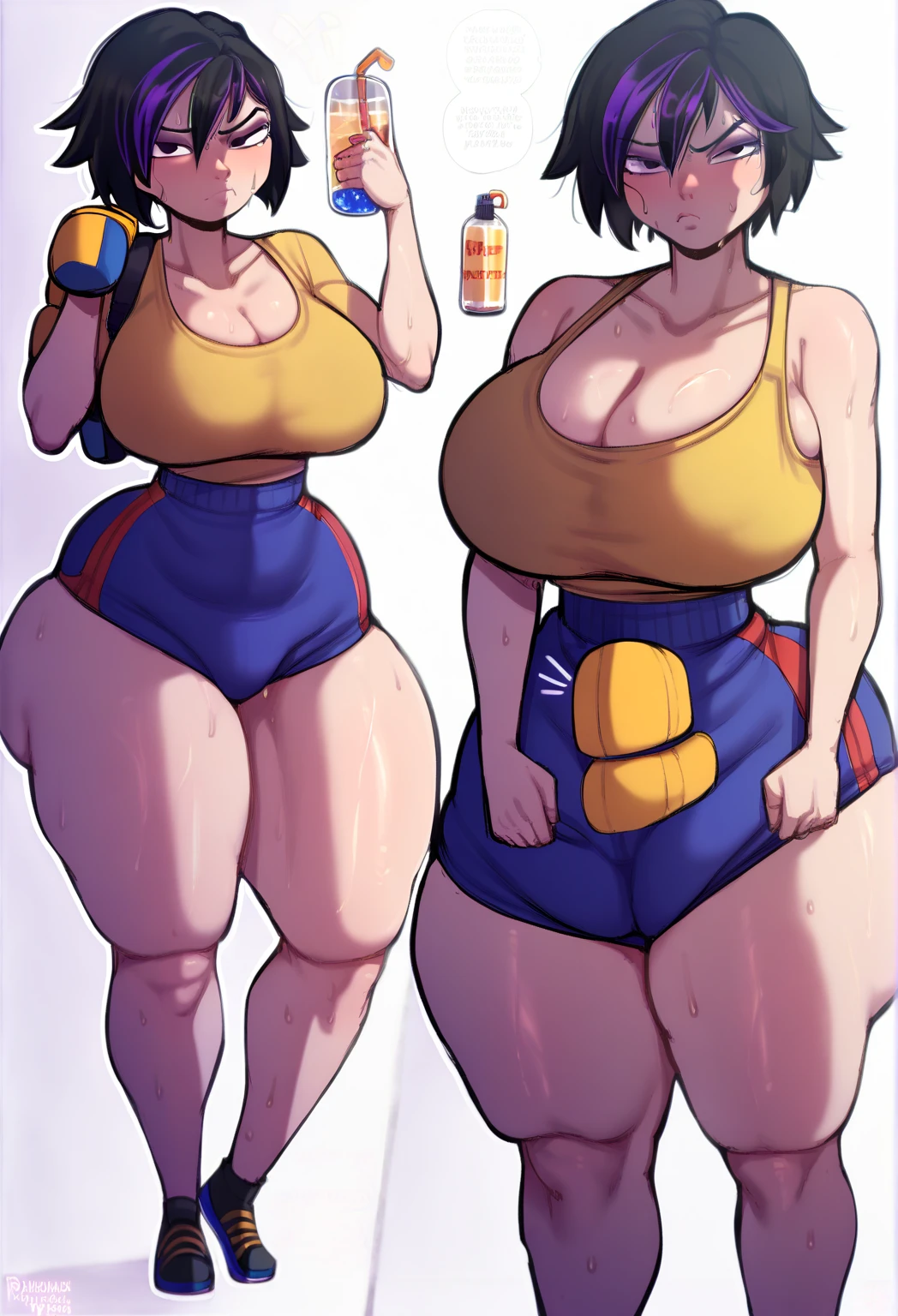 Athletic and super curvy milf, muscle, bimbo, cap, blond hair, sports top, red sports shorts, tiny shorts, parts, tanned skin, sunburn, knee high socks, sneakers, sweating, clothes wet with sweat