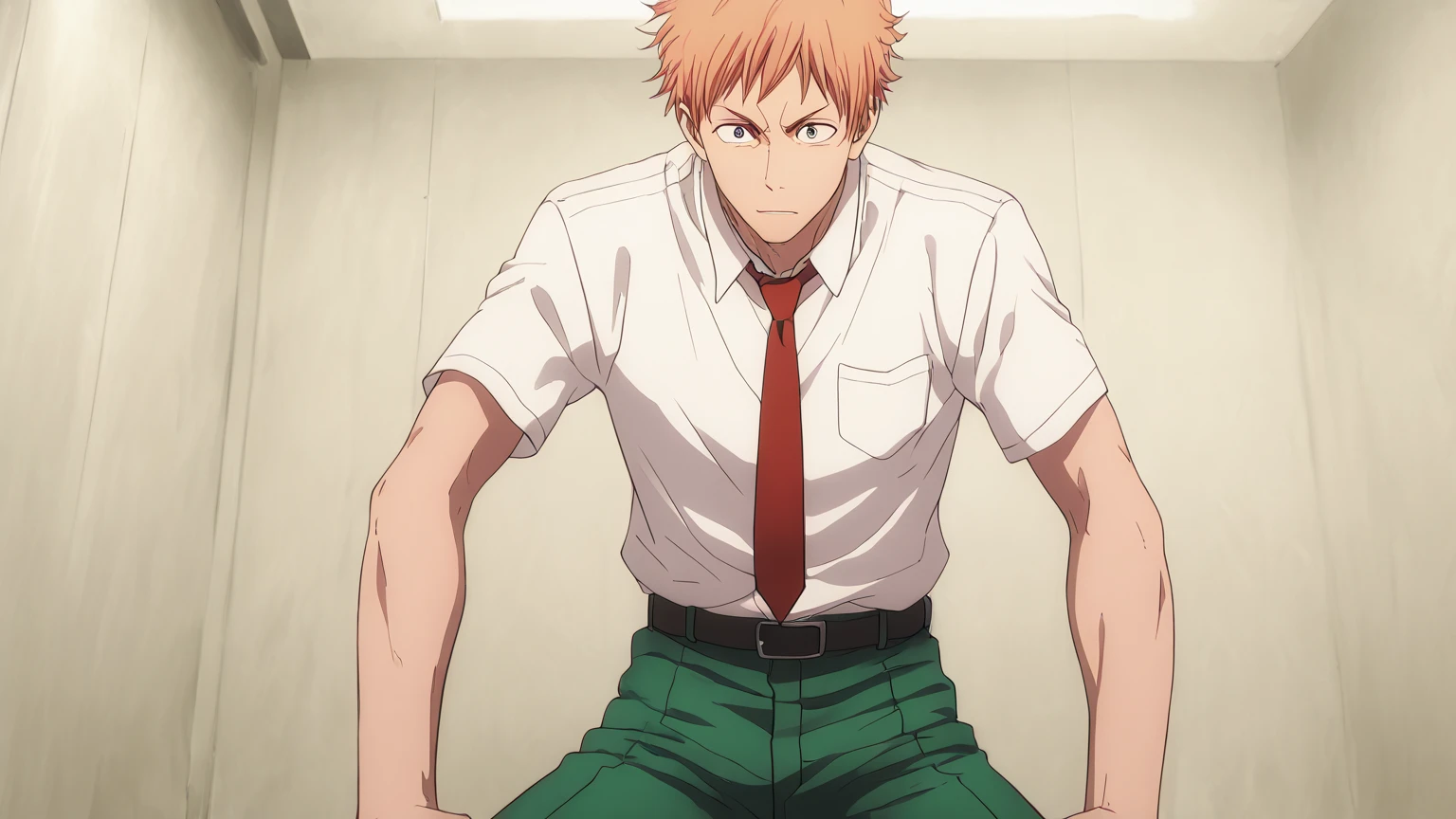 score_9, score_8_wonderful, score_7_wonderful, sauce_anime,Jujutsu Kaisen,Itadori Yuuji,Male Focus,1 male,No pants,Auction,On all fours,Red tie,Long sleeve white shirt,Place your hands on the floor,penis,Leash color,View your audience,Squat,humiliation,Obedience,slave