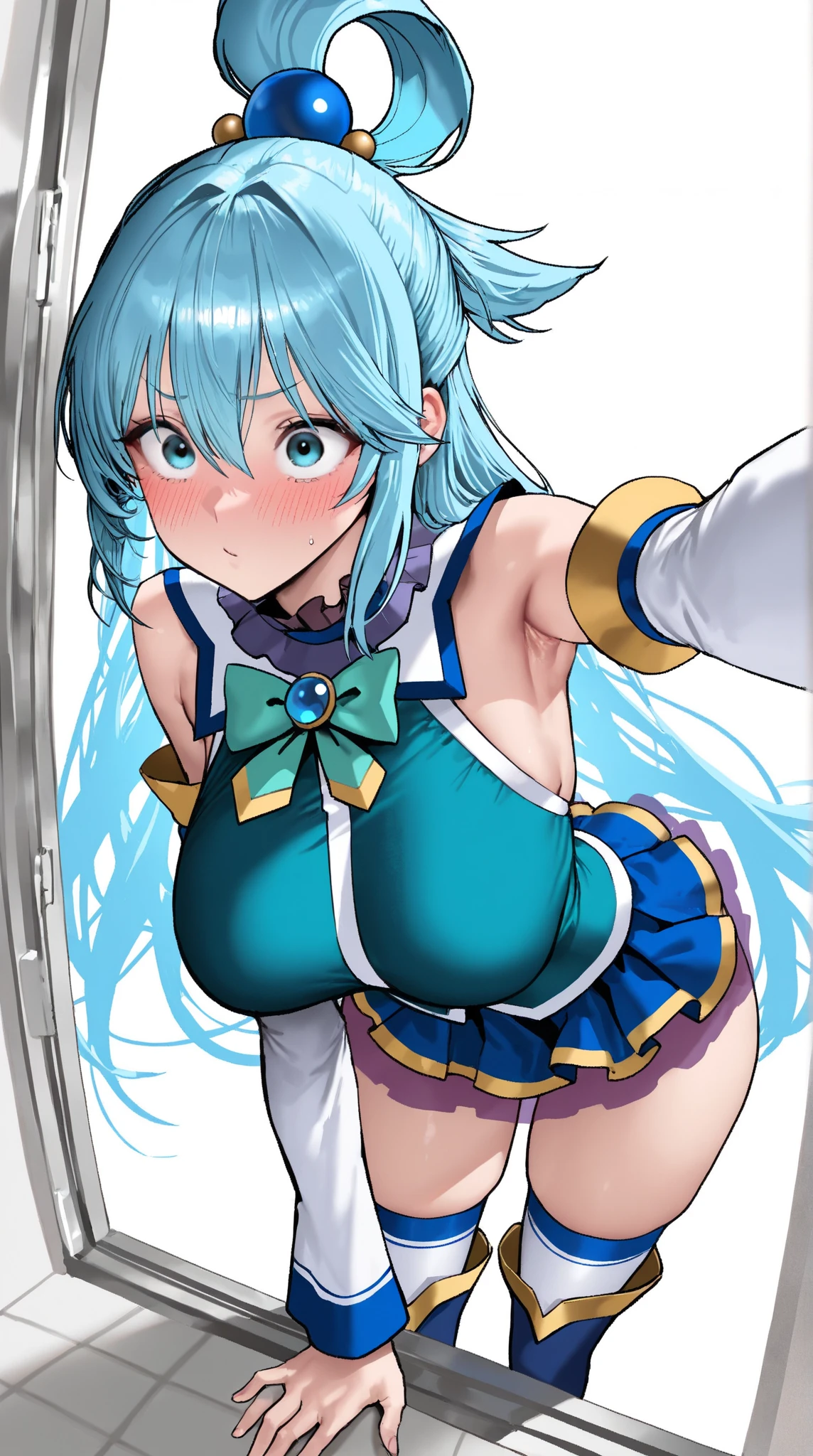 (( close、16k、highest quality、Attention to detail、Rich skin detail, nsfw、Loli)),(Chubby)、 (Beautiful Eyes), ((Swollen nipples、Small breasts、Both armpits、Hands behind head)),Lying in bed、 ((White and blue dress、Light blue dot panties、Sweat))、(Yellow Eyes)、((((Long twin tails))))、((Light blue hair、Hair intake、Ahoge)), Yellow ribbon、((blush))、(Wide Hips、Thick thighs)、smile、((((Embarrassing))))、((Dark concrete room、Jail))