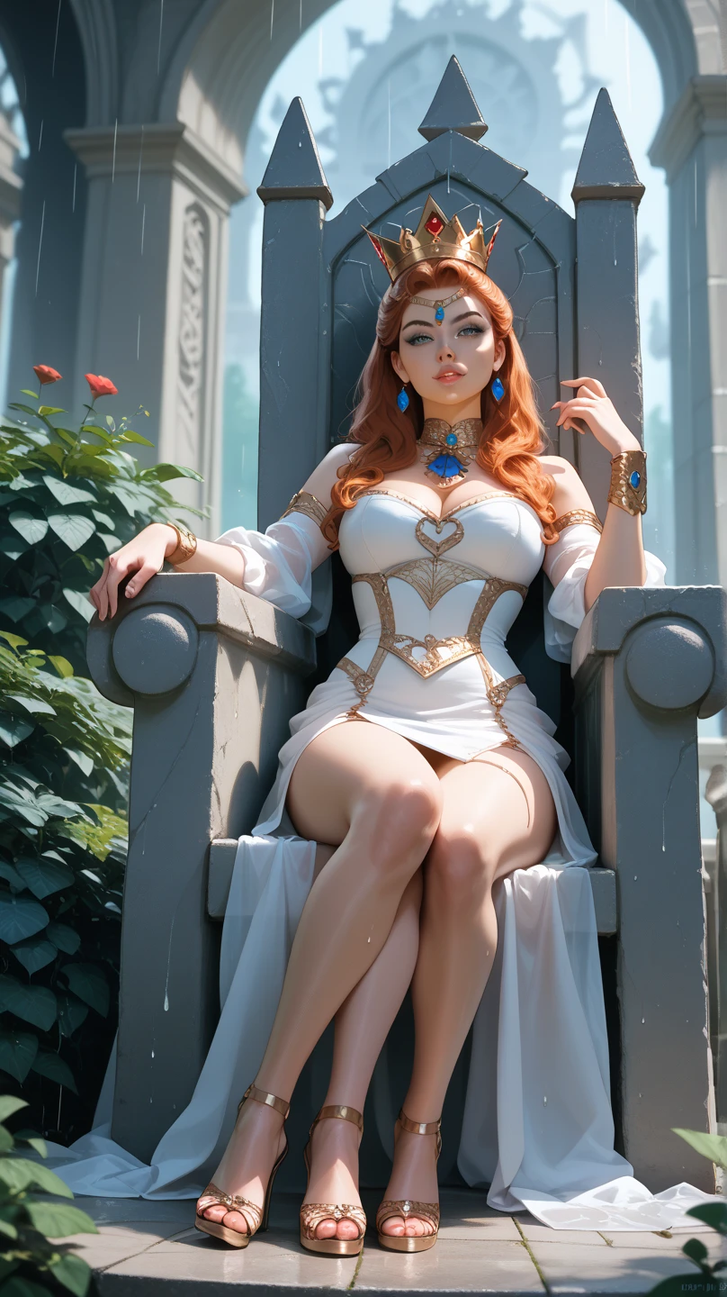linda mulher ruiva, sitting sideways on a marble throne, com seios fartos e pontiagudos, coxas grossas, two arms, duas pernas, voluptuosa, estilo medieval, com roupa colada no corpo