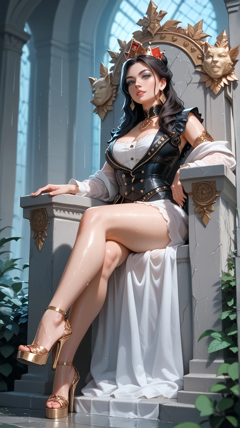 Masterpice, high quality, 8k quality, 1 lady, young Queen Elizabeth 2, Queen of United Kingdom, wearing royal uniform with her crown of Dimond sitting on royal throne, cloth cover all her body included her legs,the royal uniform cover all body including her legs, beautiful face, short black hair, the best photo for the  queen of United Kingdom, the best look for Queen in her young age (30 years), Beckenham Place as background and United Kingdom flag