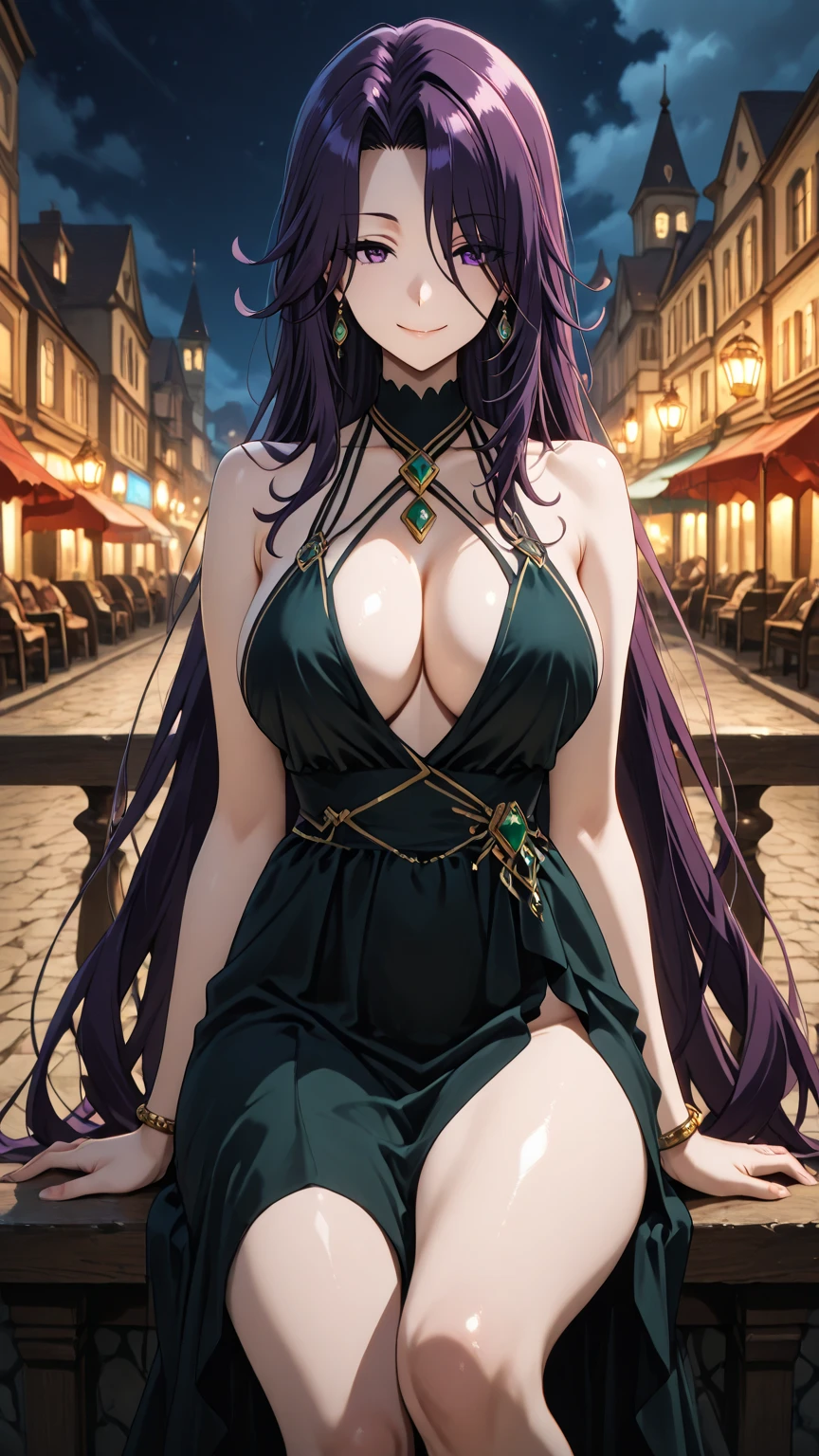 Magenta hair, brown eyes, older woman, sexy clothes, hair jewel ornament, cat ears, necklace, long hair, smiling face, gold clothes