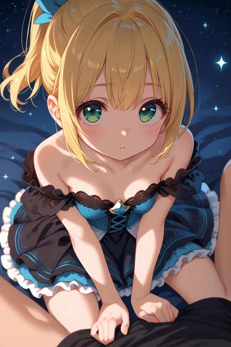 Highest image quality,masterpiece,9 years old,smile,open mouth,flat chest,yellow hair,short bob,((Top of the head,Large light blue ribbon)),star-shaped hair ornament,Chibi ,nude
