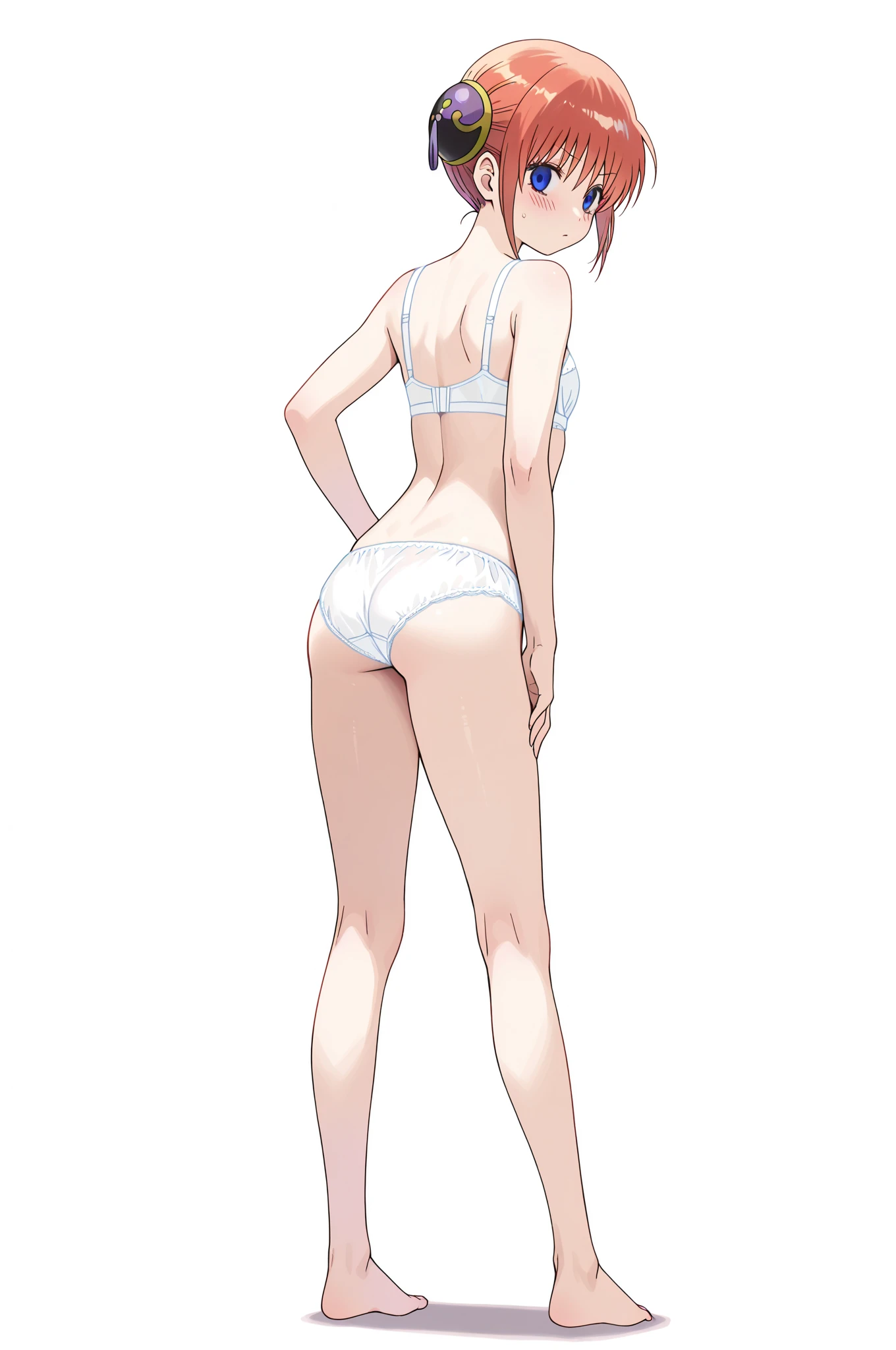 masterpiece, ((anime)), best quality, 8k, 1girl, souryuu asuka langley, tease, (getting dressed, white cotton bra, white cotton underwear, small, flat chest), expressionless, looking away, (bored), narrow hips, small butt, (character sheet)