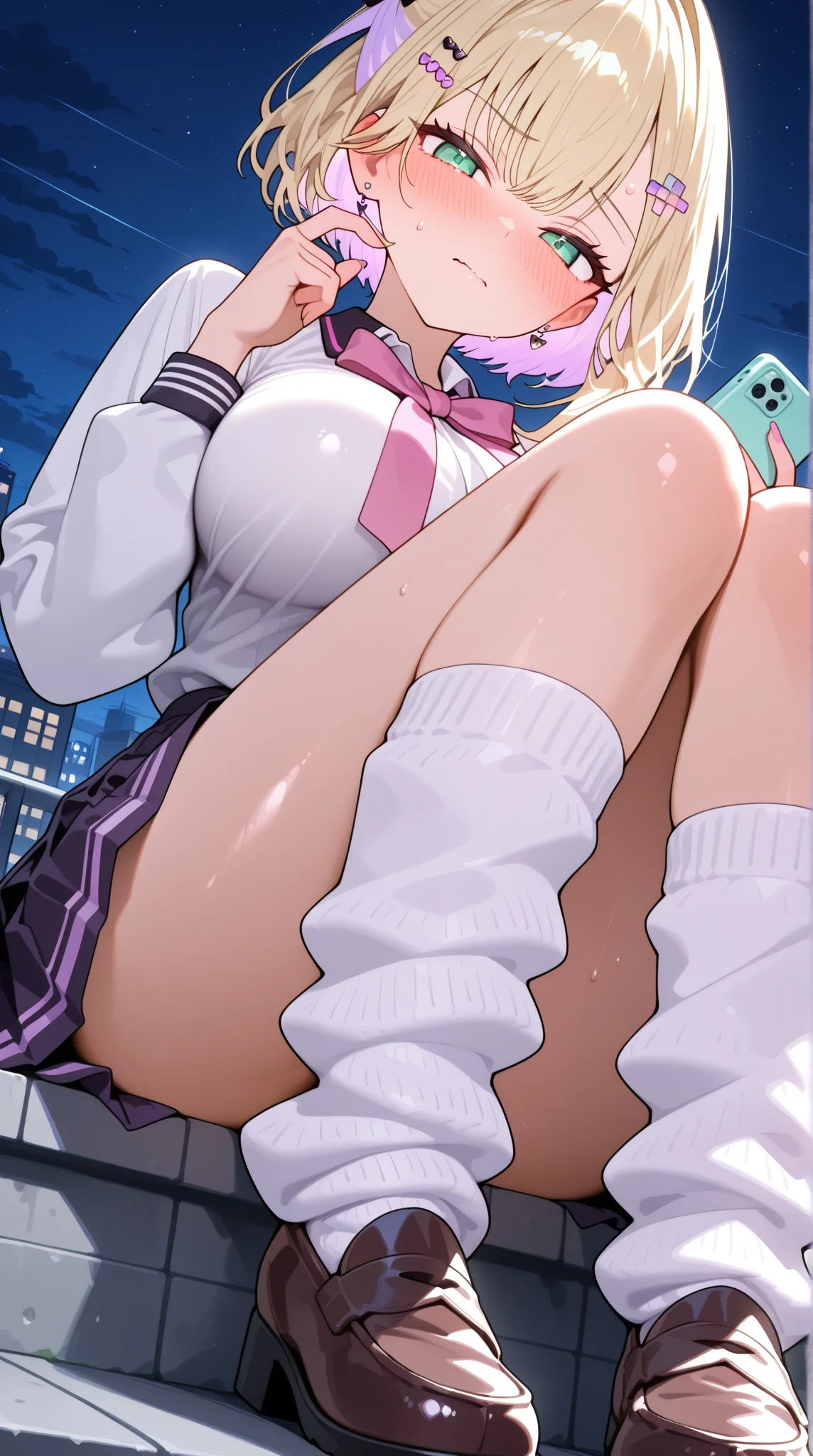 Sailor moon sexy schoolgirl with blonde hair and blue eyes, two buns, heart shaped face in outfit with a classroom in the background