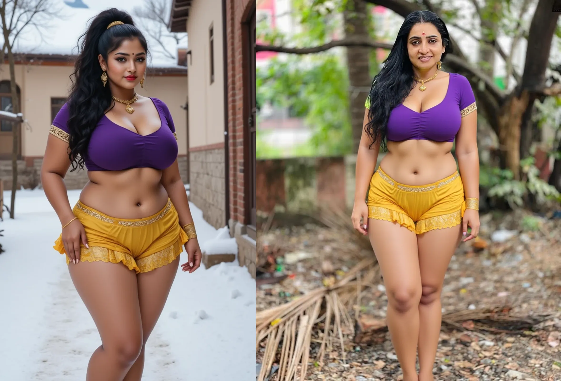 Side by side photo of a mallu village woman ,(island:1.3), sports bra,yoga pants, outdoors, fair skin,tall, seductive, detailed cute face, full lips, smiling, hyper realistic, ((skinny:1.0)), clothed, full body shot