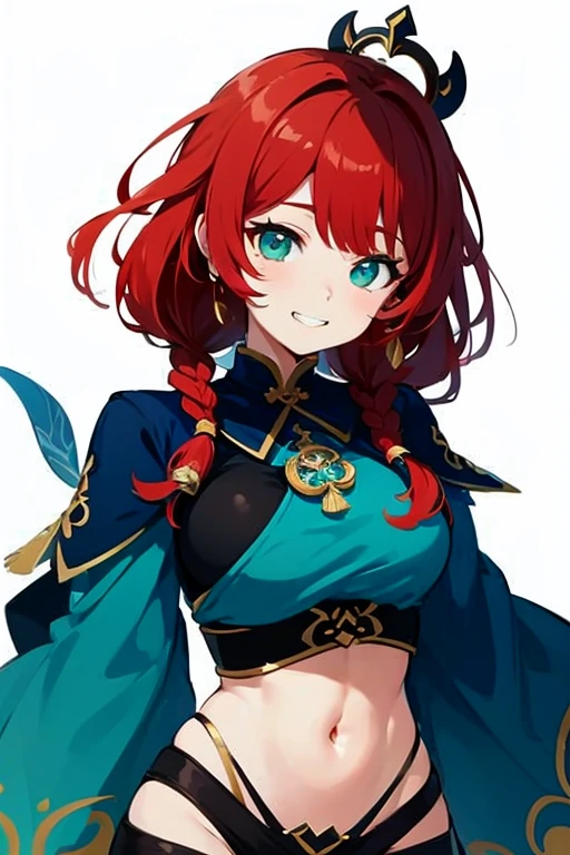 1girl, solo, long hair, , looking at viewer, smile, short hair, open mouth, bangs, large , simple background, red eyes, long sleeves, hat, dress, , jewelry, braid, :d, red hair, cowboy shot, earrings, alternate costume, hair bun, sleeves past wrists, clothing cutout, double bun, swept bangs, chinese clothes, short dress, cutout, tiara, china dress, sleeves past fingers, halloween, braided ponytail, ofuda, orange background, bun cover, jiangshi, jewel, qing guanmao, pyra \(xenoblade\)