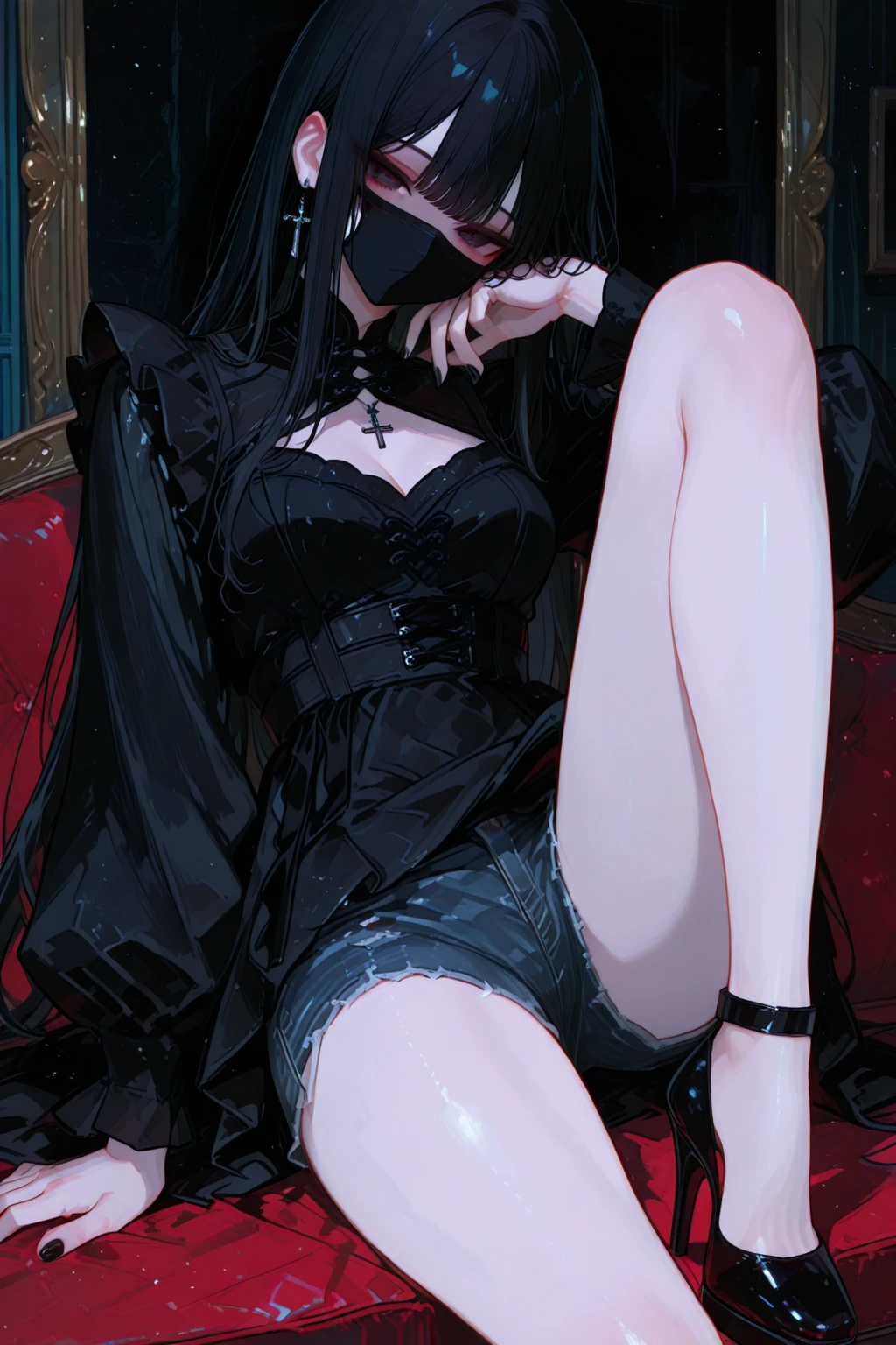 Dark style, black hair, white skin, red eyes, long hair, bangs,Leather pants,succubus,sitting,Sweat,Soaked,transparent,open legs,sofa,arrogant