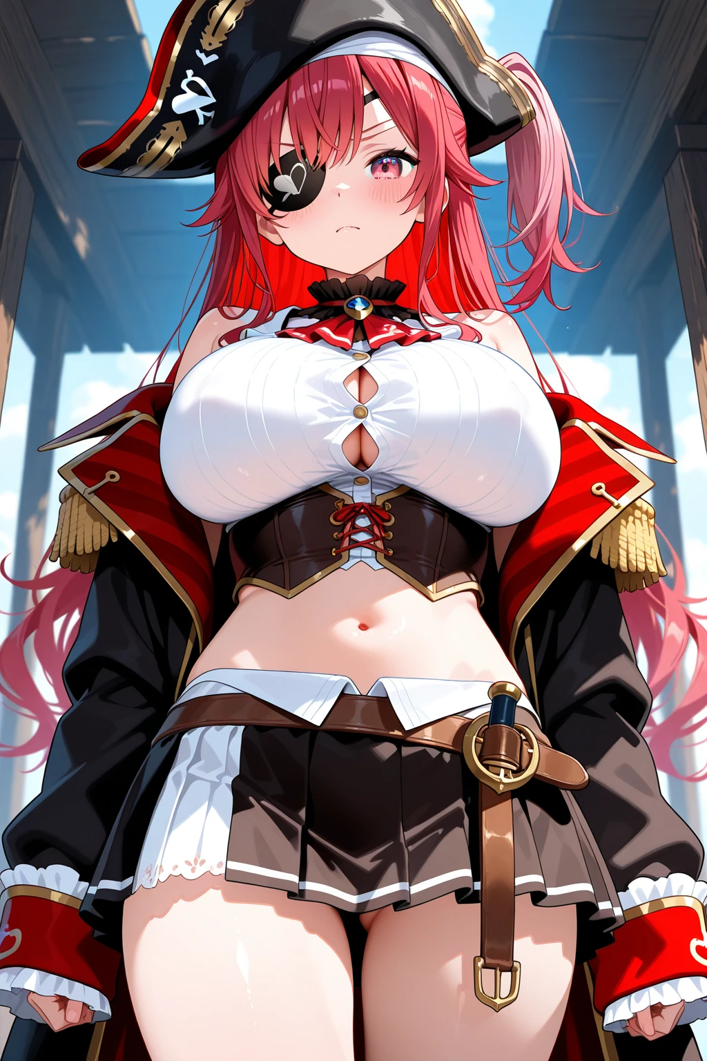 Wolf Woman, Big Breasts, Voluminous light red hair, One girl, masterpiece , Red eyes、Double teeth、tooth、Blushed cheeks、 hd, Head to Chest, buried in my chest、Underbust、Cleavage、Frilled bikini、Big Tits、Open your mouth wide、Grin、White Iris、