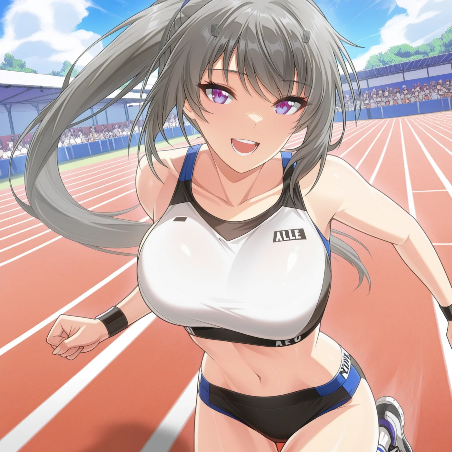 masterpiece, best quality, ultra-detailed, illustration, warm lighting, bright colors, blue eyes, blue ribbon, bare shoulders, sports bra, crop top, grey hair, hair ornament, hair ribbon, very long hair, midriff, ponytail, seoyoon,
sportswear, smile, one eye closed, spoken heart, happy,
standing, cowboy shot, legs, track and field, field day, outside, sky, clouds, day, arms up, armpits, hands behind head, linea alba,
<lora:seoyoon:0.75>