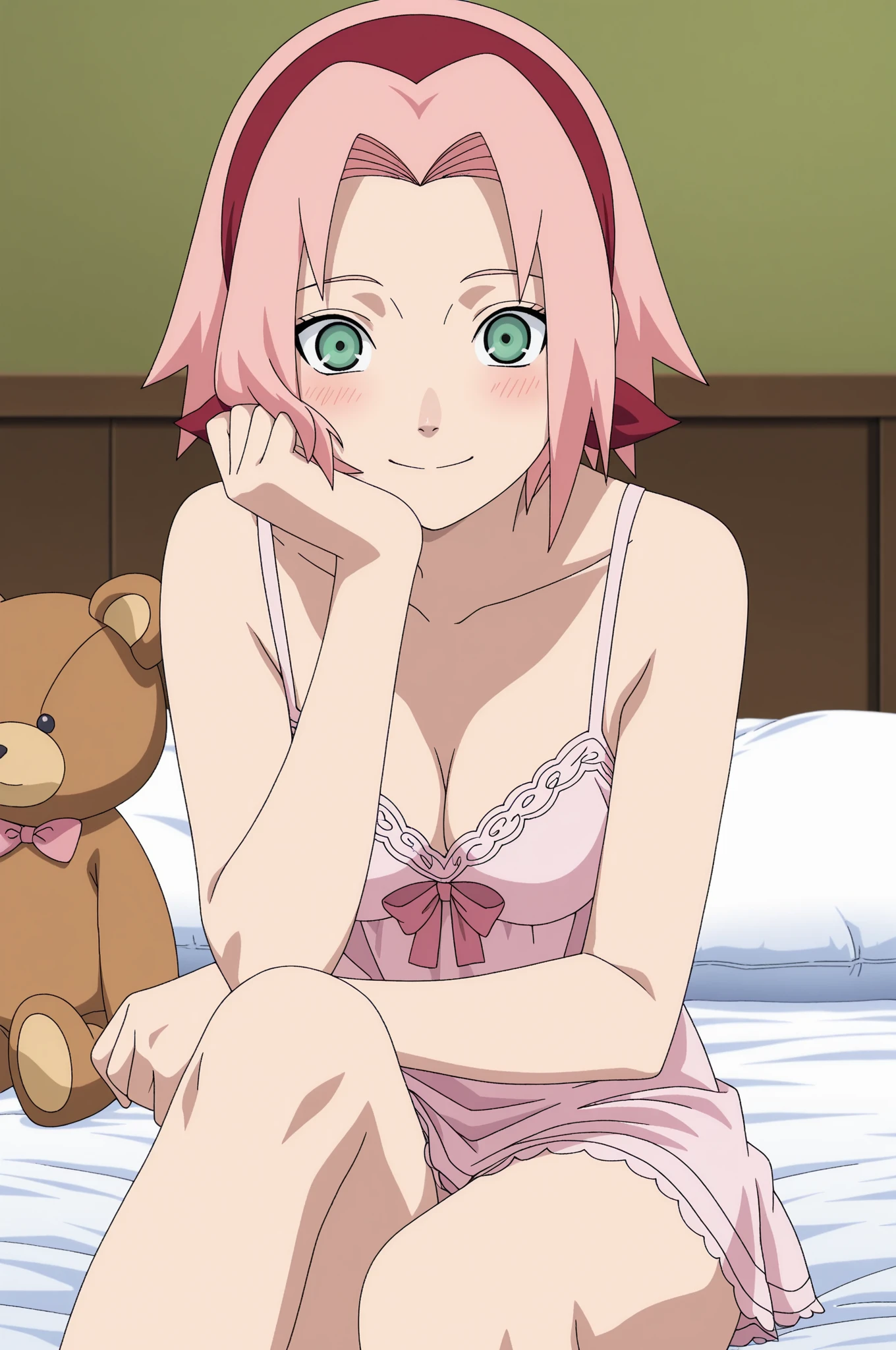 high resolution,masterpiece, best quality, amazing quality, Zoe "Tatsuno Malm" Drake, Dinosaur King ,
zoe drake, twintails, purple eyes, pink hair, bangs, blunt bangs,
, pink hair, , midriff, , goggles, goggles on head, small ,                                      BREAK  , A woman (  full body , attractive and voluptuous ,blush, happy,  smile , nightgown), on bed, bed, downblouse 
