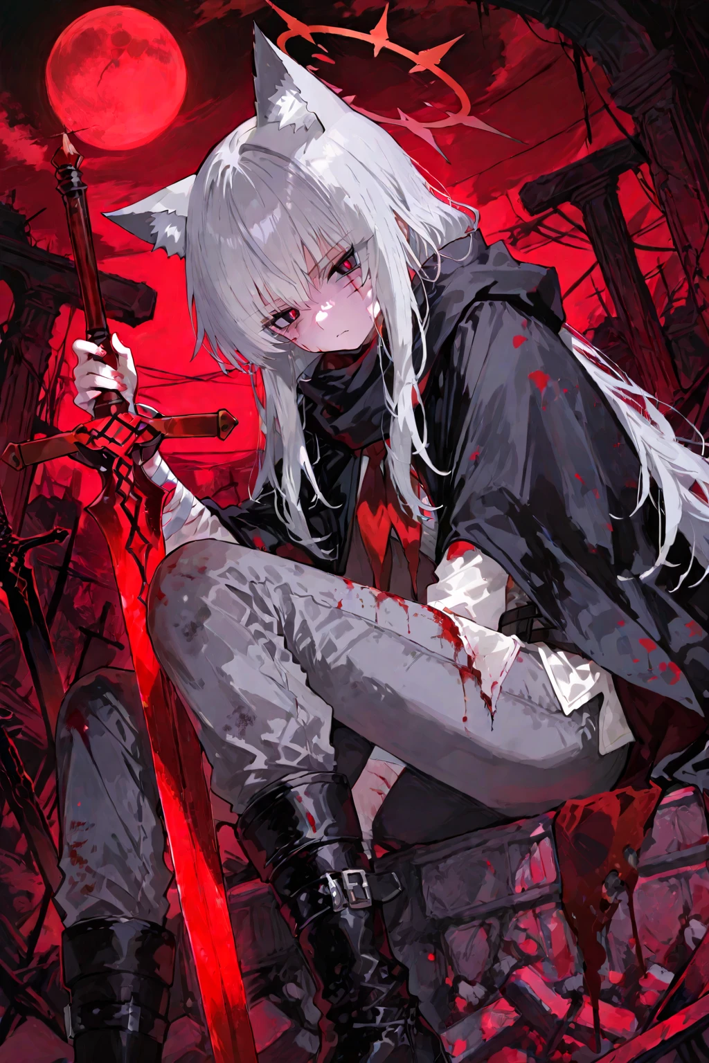 Detailed silhouette of a cyberpunk girl with cat ears and a tail, Flowing, Tattered coat, He has a giant blood scythe that includes a mechanical cat design., Stand on the glossy, Minimalist reflective surface, Red and black gradient background, sense of depth:15
