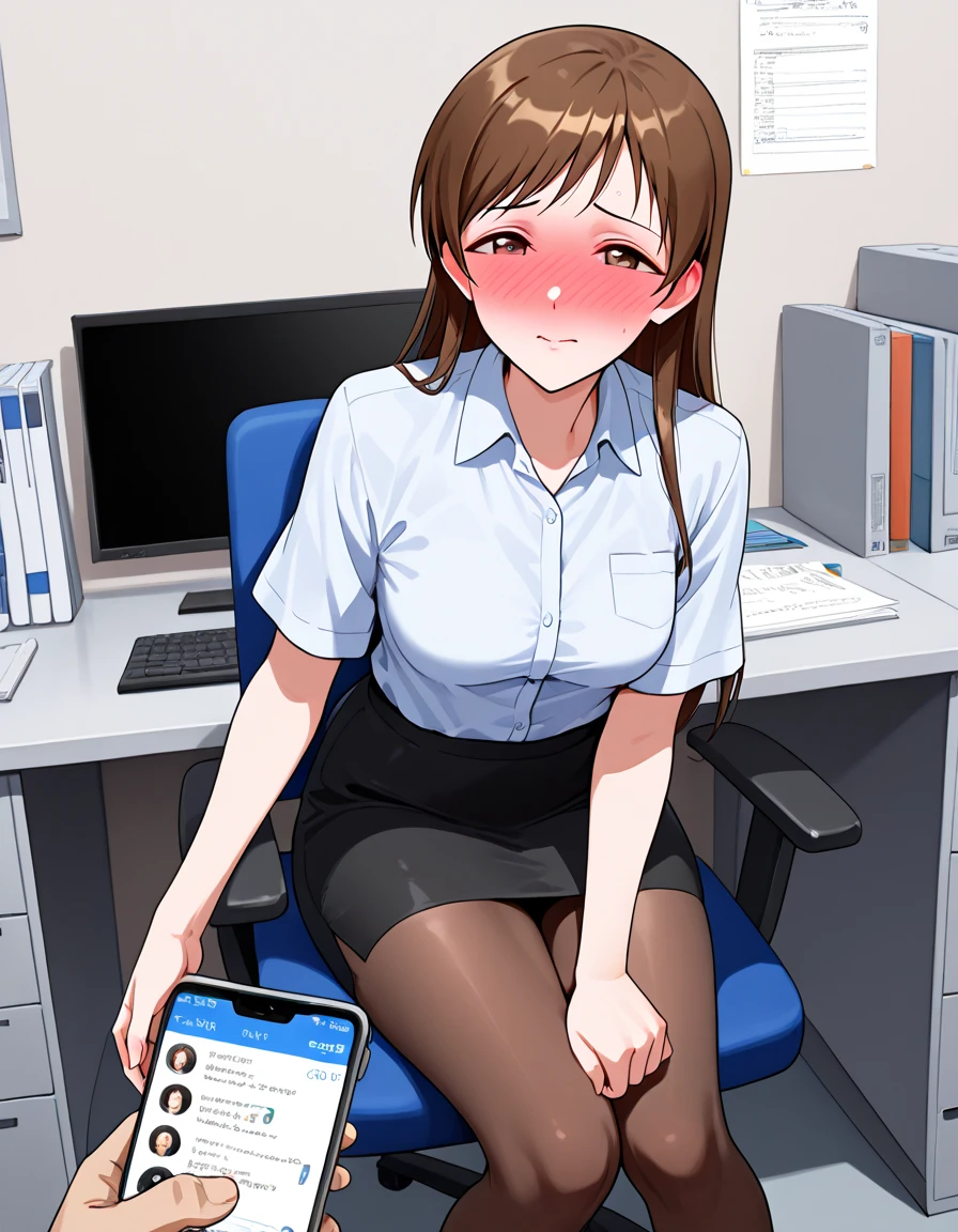 score_9, score_8_up, score_7_up, masterpiece, highres, concept art, rating_explicit,, detailed eyes, voluptuous, nipples, expressive,(((girl office background))),bedroom,chair,office chair,sitting,nervous smile,sitting on chair,, spread legs,(((legsless, armsless:1.5))),(male pov),(pov front her),(pov near),sport shorts,shirt,ponytail,(pov smartphone in hand),pov holding a phone,(((girl in cellphone)))