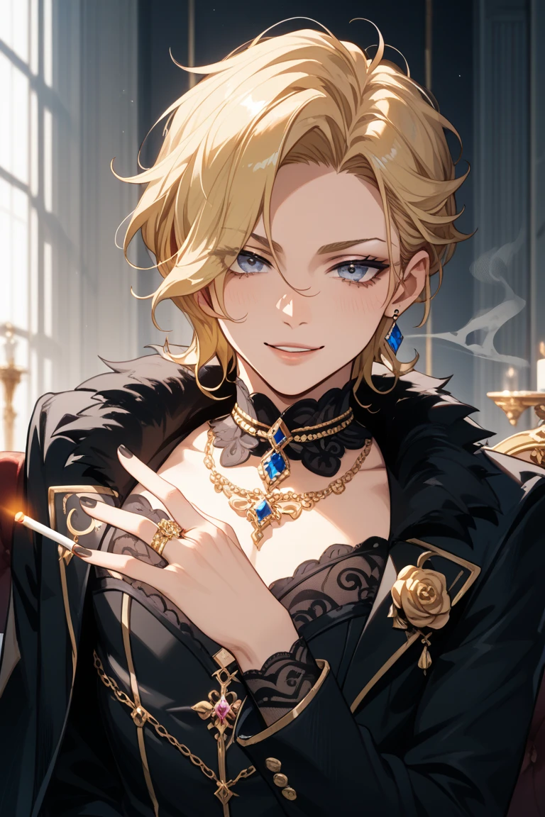 1 boy, anime, high quality, intricate details, futuristic, androgynous, casino setting, elegant, suit, messy hair, blonde hair, effeminate, gloves, stern expression, waistbelt, brooch, golden eyes, freckles, demon horns, messy hair, small braid, earrings, tattoos, short hair, black eyes