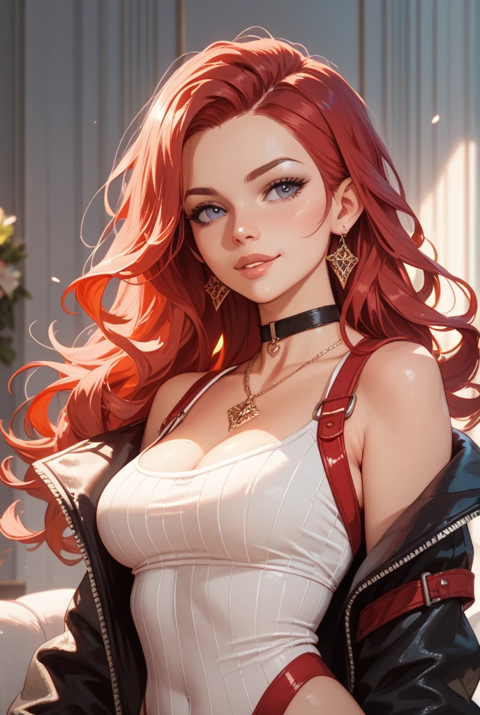 ((Portrait Photo)), She has an Innocent and Dreamy Redhead Appearance, with a Curvy Build, Fair Skin and Thick Breasts. She Expresses a Curious and Confused Look, Giving Off a Happy and Clueless Attitude. She has Wide, Green Eyes, and Her Hair is Short and Curly, Vibrant Red, Floating Slightly Around Her Head. She is Wearing a White Blouse with an Open V-Neckline and a Belt Under Her Chest, Which Emphasizes Her Thick Breasts. ((Portrait Photo, HDR, Dark Background))