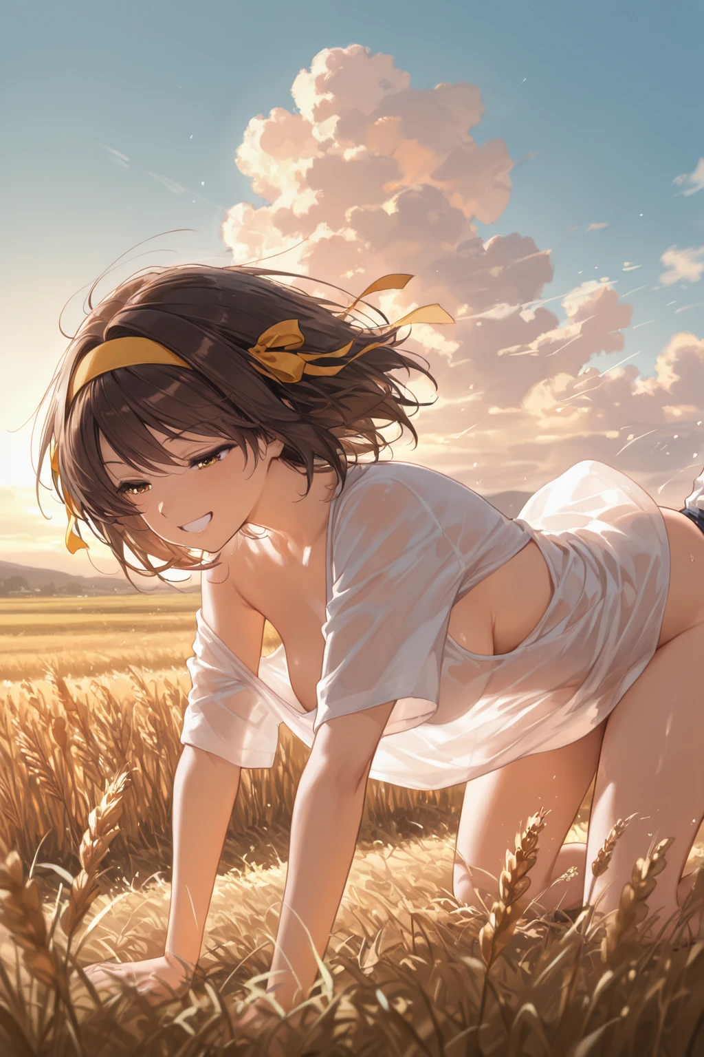 Sunset grassland background、nature、naked woman、sit、thin light brown hair、short hair、nervous、Gentle、cute、Bare breasts、nude、nipple、genital、Erotic、beautiful girl、beautiful breasts
