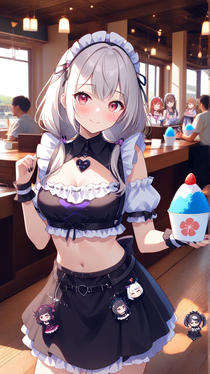 Realistic, Masterpiece, Top Quality, (Detailed Eyes), One High School Girl, Huge breast, Sweat, night, outdoor, bustling restaurant, micro bikini tucked in, string only micro bikini, Wet Face, Wet Body, ponytail, earrings,  white apron,  puffy short sleeves, between breasts, small tray, mole on breast, center opening,  bow tie, pelvis curtain, (wide hips), (grin :1.1)
