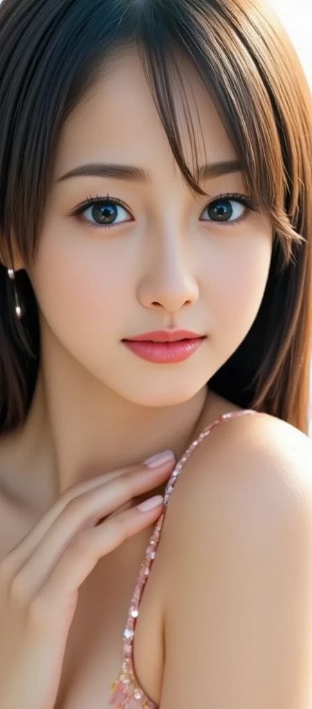 face focus, from above, face up, tongue out and mouth open, clear liquid around mouth, sit astride, straddling, wariza, yokozuwari, super high image, super detail, super high resolution, anime, manga, illustration, intelligent beauty, laugh like a prankster, happy, shy, white glossy wavy flowing layered messy short hair, blue big sparkling eyes, red alluring moist lips, lace baby doll dress, make up, ecstatic expression, amorous expression, seductive look, large breasts, under boob, side boob, great proportion, perfect proportion, slender, full body, armpit