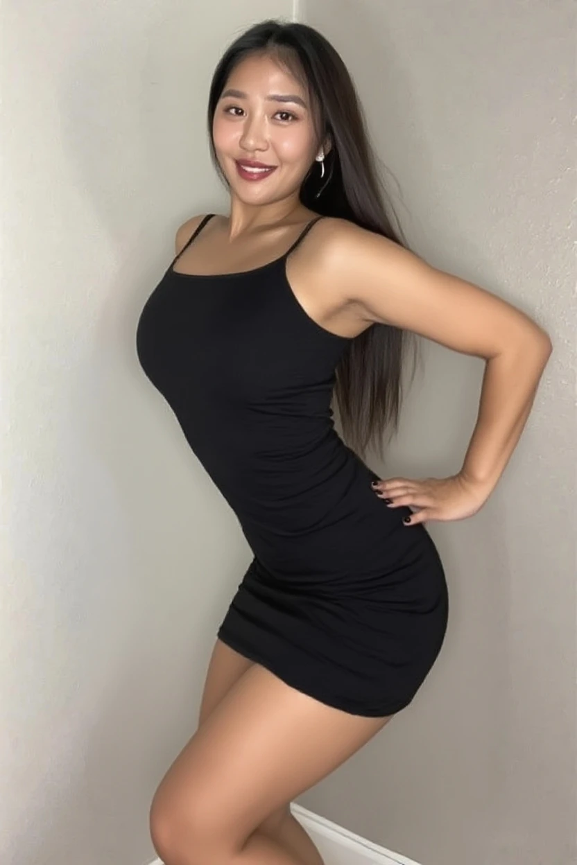 1 menina de 18 anos, apenas, cabelo longo, medium breasts, Olhando para o espectador, cabelo preto, parecida com Charli D'Amelio, olhos castanhos, ourivesaria, corpo inteiro inteiro, Colar estacionar, lips, realista, nariz, flirting with the camera, vestida com vestido longo preto, stylish accessories.