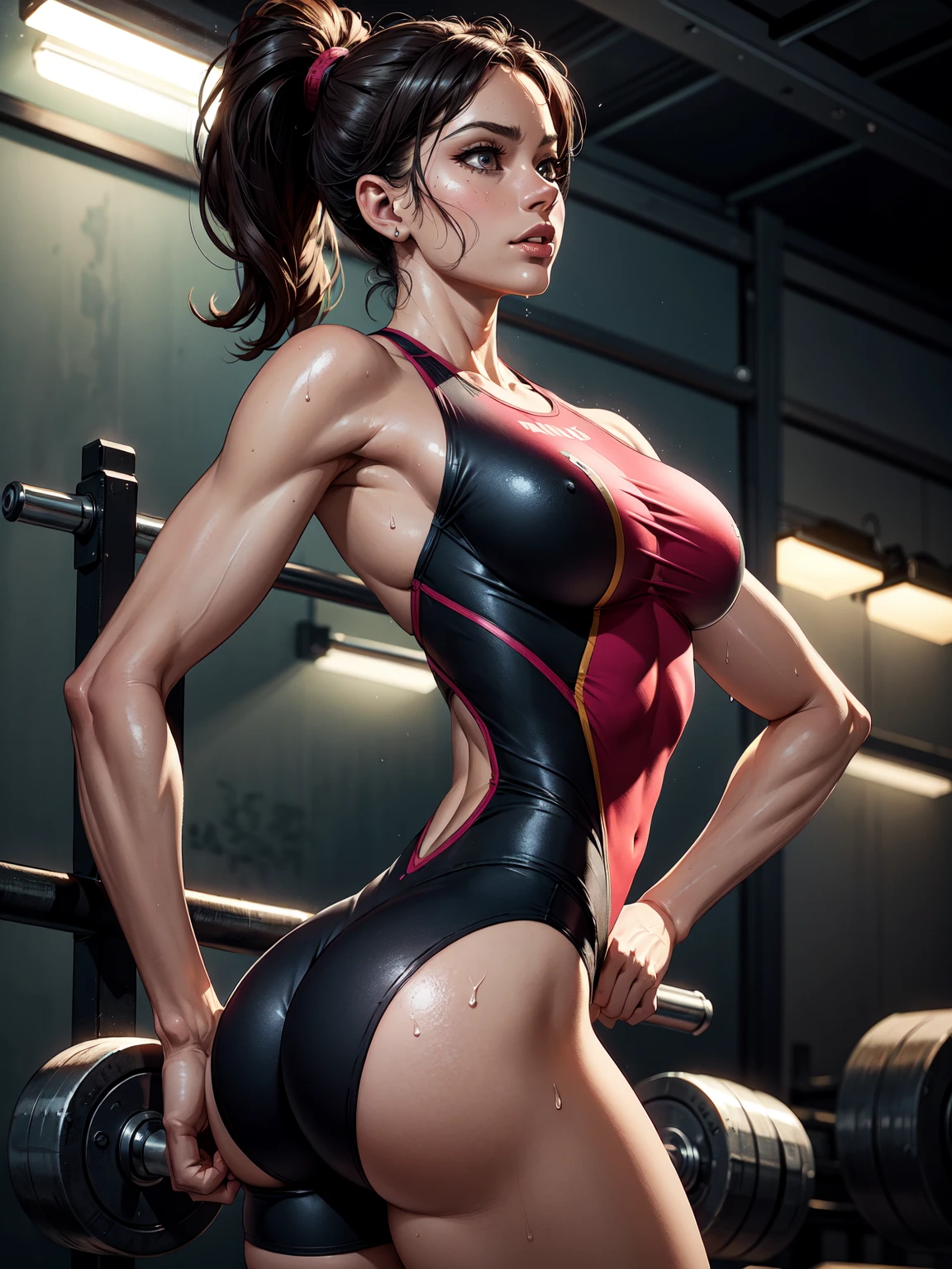 (Best quality, 4k, Masterpiece :1.3), beautiful woman, hyper realistic, 1girl, ((turned back looking sunset)), (drooping breasts, attractive body :1.2), sit-ups :1.1, short red hair: 1.1, (wet rainy, wet by rain, wet body :1.2), ultra-detailed face, detailed lips, detailed eyes, double eyelid, sensual low-necked dress, open neckline, hanging breasts, side pose, visible curves, pool , poolside, red transparent robe, sunglasses, muscular turned leg