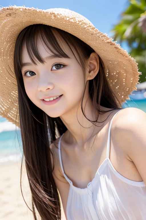High resolution、high resolution、Ocean、flower、Japanese Girl、beautiful、Beauty、cute、Big eyes、The breasts are very large、Brown long hair、超High resolution, Superior Quality, Highest quality, Super detailed, Realistic, 8K, RAW Photos, Highest quality, masterpiece, Attractive girl, A wonderful girl, Sophisticated, smile、camisole