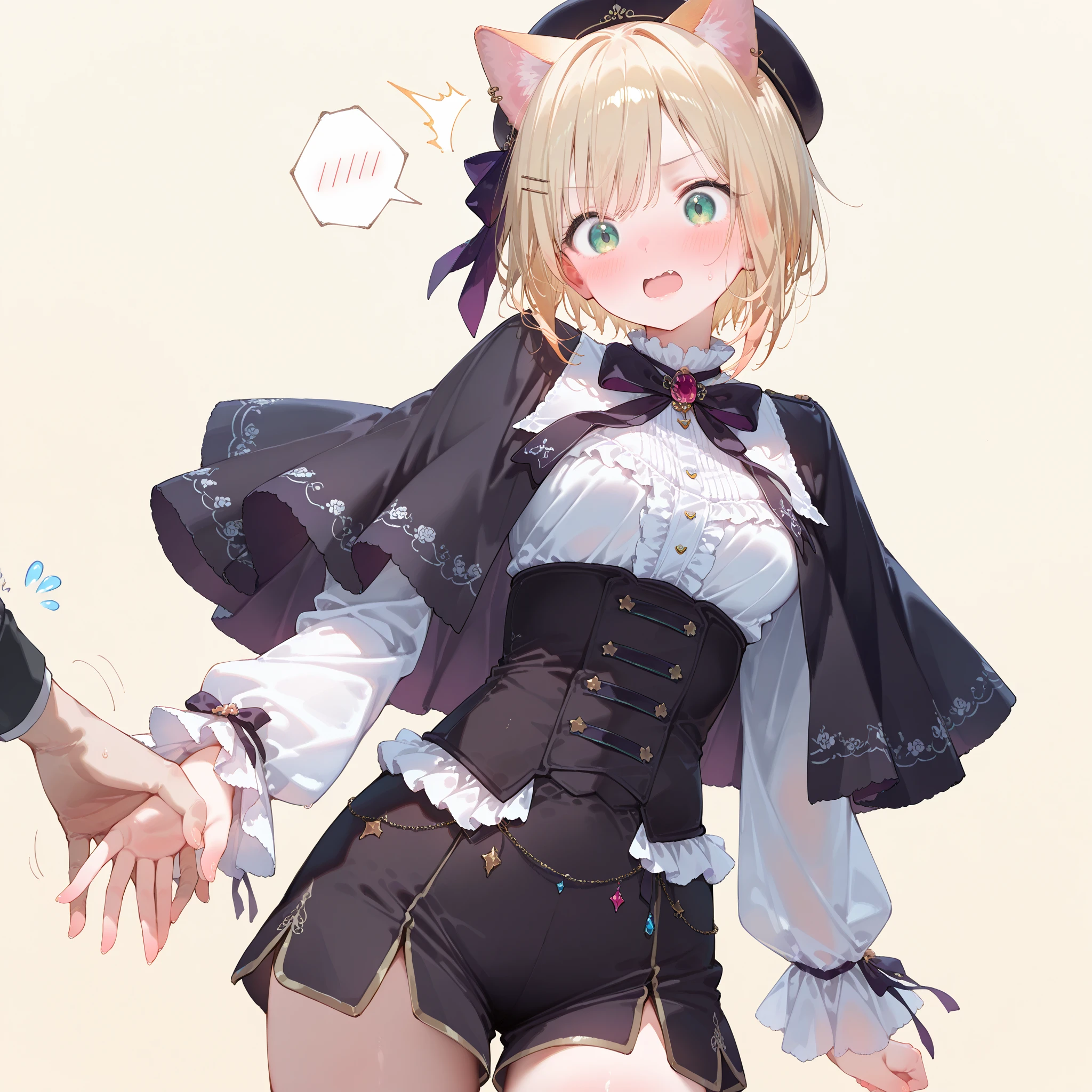 (masterpiece, highest quality:1.3), 1 cute girl, ideal ratio body proportions, blonde short hair, black frilled mini skirt, puffy shoulders, bare arms, magic wand, (white cotton panties, 1 strange small animals:1.4), dynamic pose, night city, 
